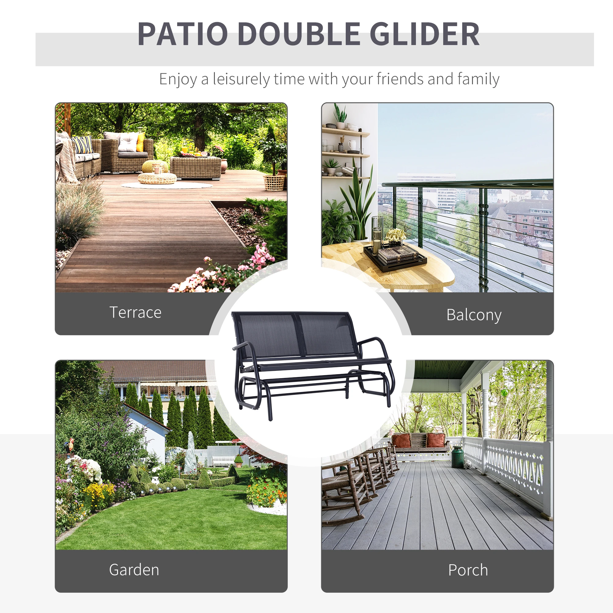 Patio Double Glider Bench Swing Chair Rocker Heavy-Duty Loveseat Outdoor Garden Rocking Bench Steel Frame