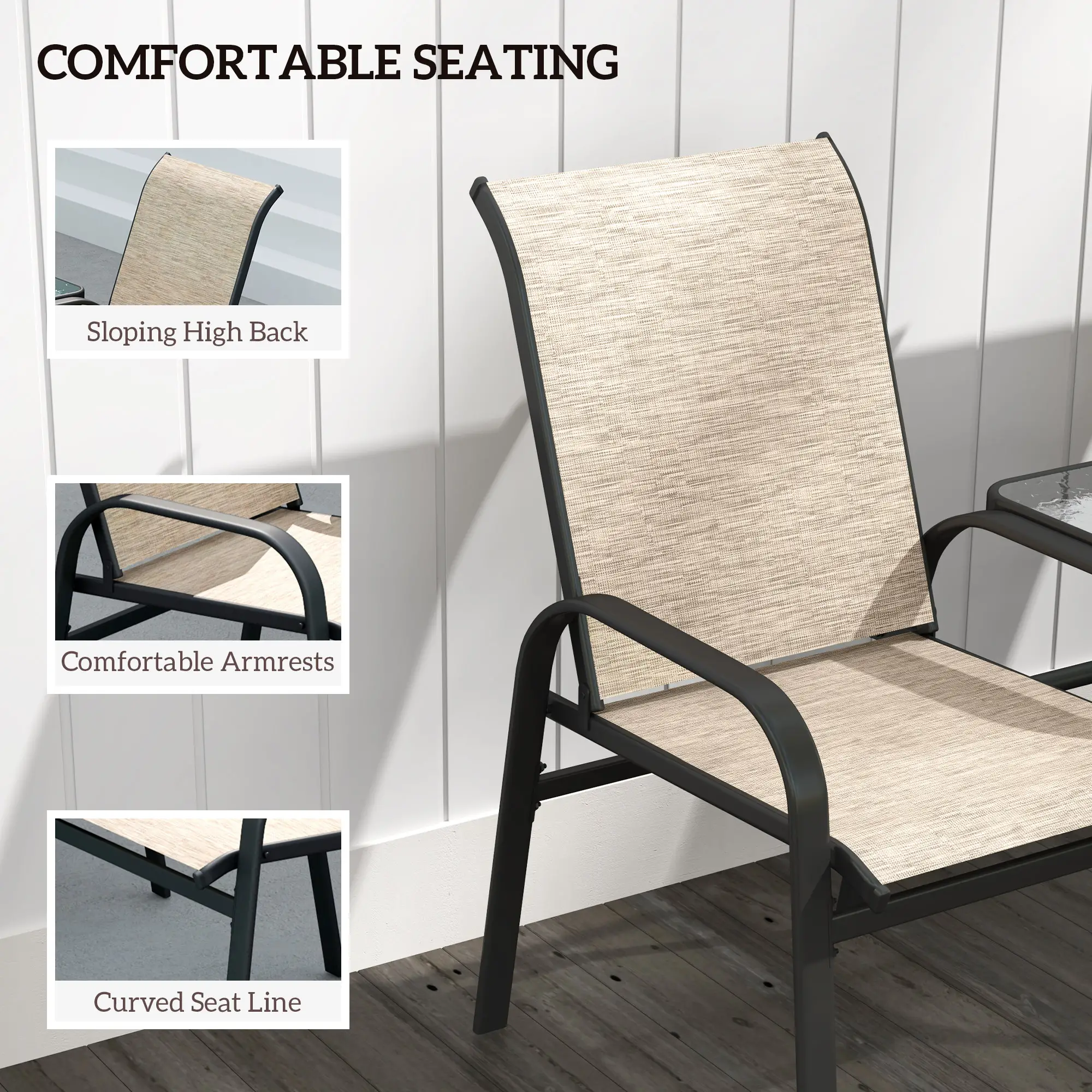 Outdoor Loveseat with Glass Table, Garden Patio Bench with Breathable Mesh Seat, High Back, Armrests