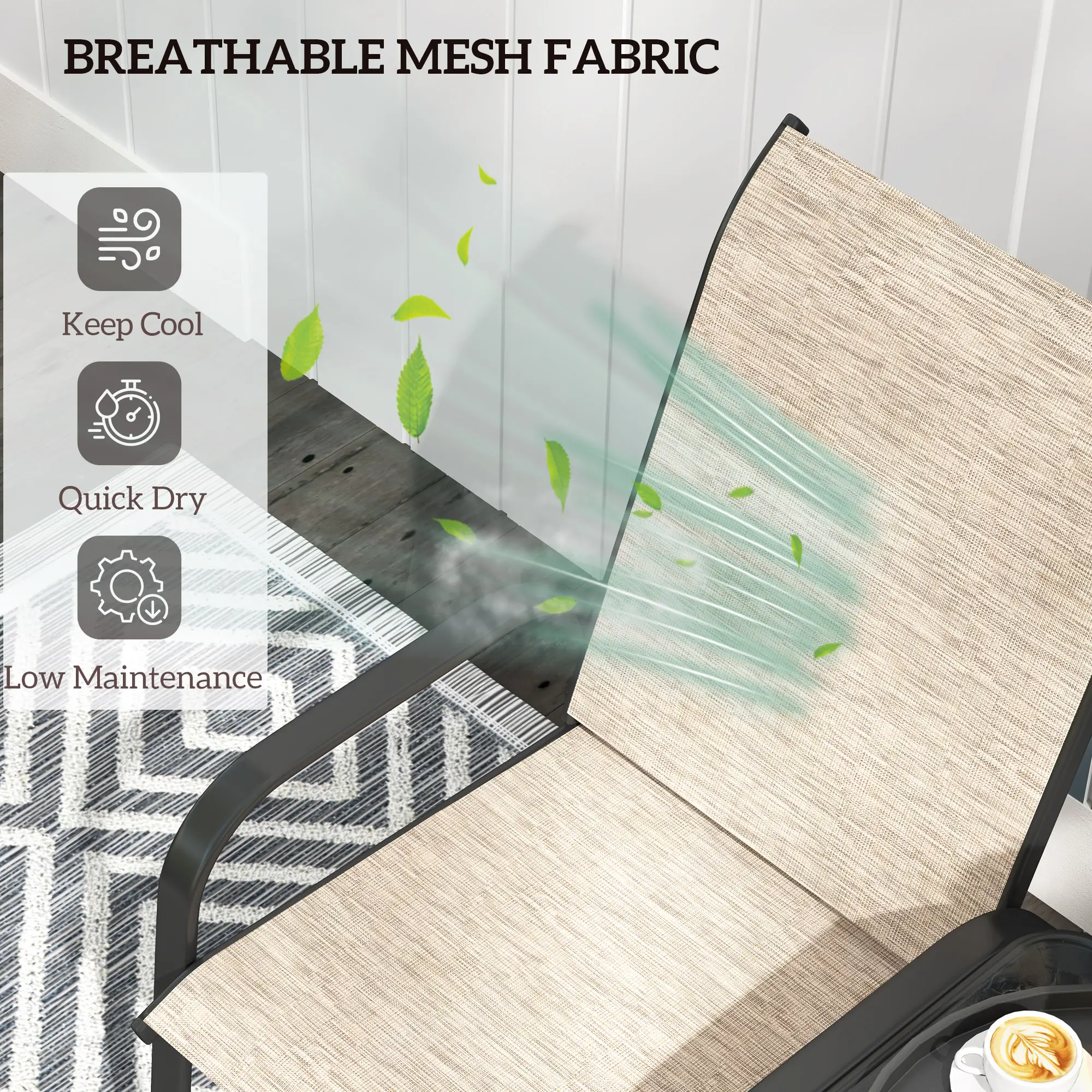 Outdoor Loveseat with Glass Table, Garden Patio Bench with Breathable Mesh Seat, High Back, Armrests