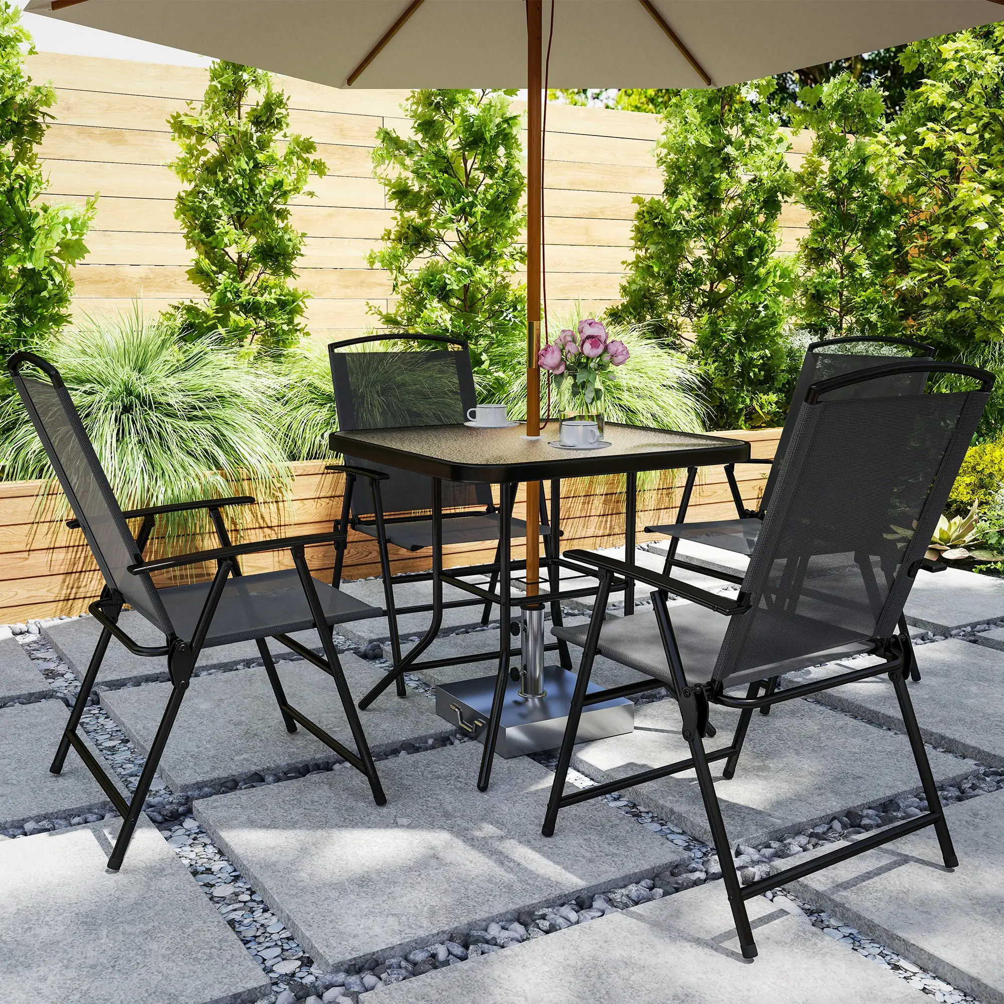5 Pieces Outdoor Patio Dining Set with Glass Top Table and 4 Mesh Folding Chairs