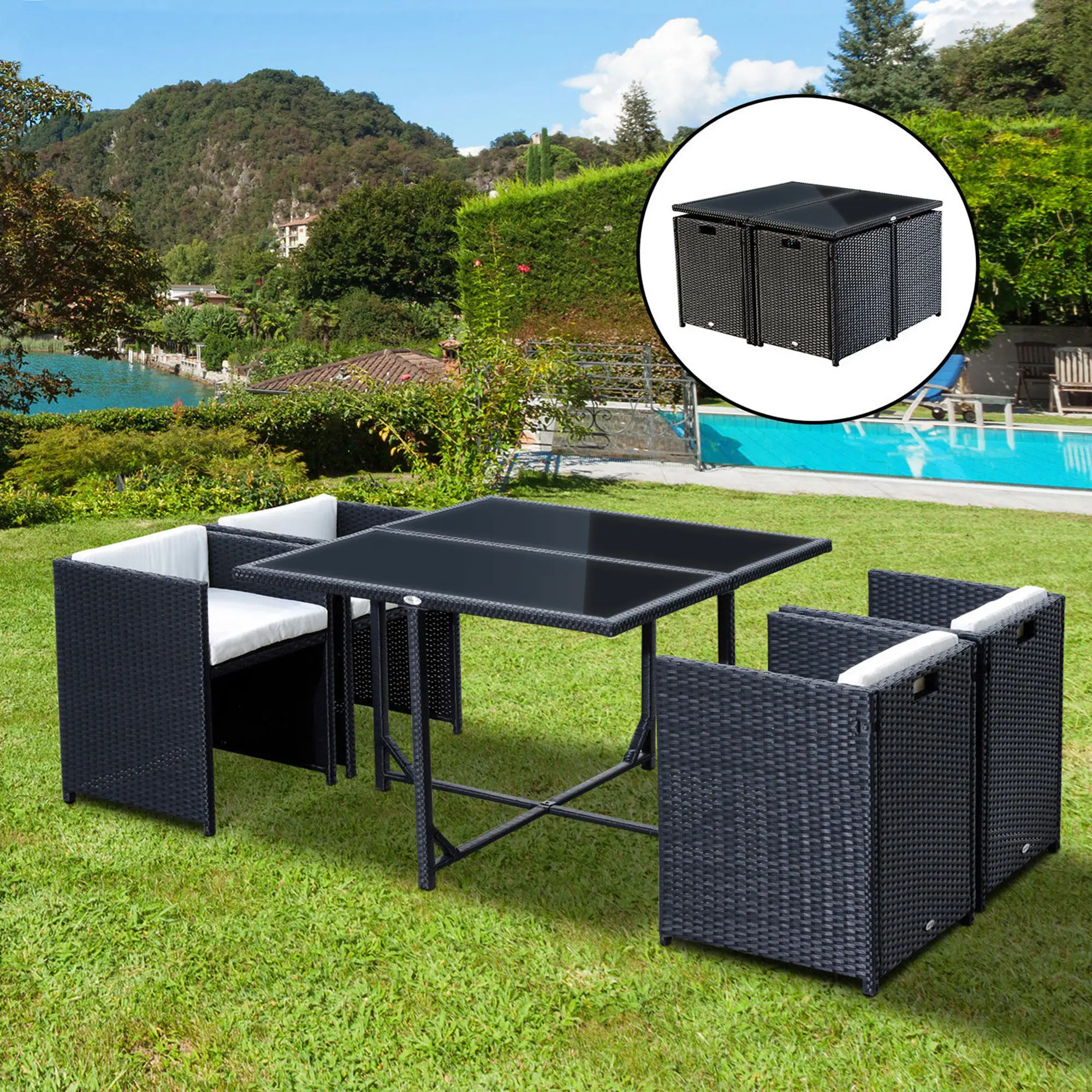 5 Pieces Wicker Patio Dining Set Outdoor Furniture Set with Removable Cushions, Glass Top Dining Table