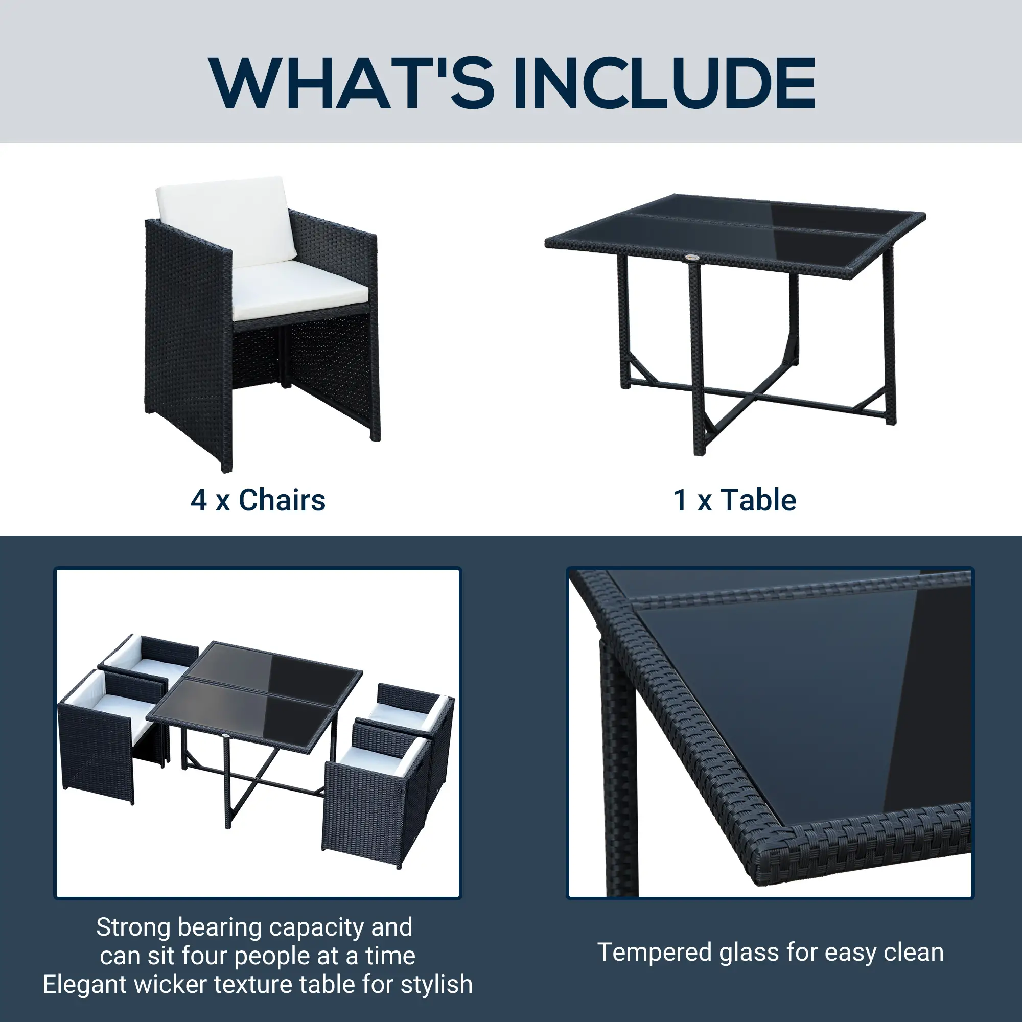 5 Pieces Wicker Patio Dining Set Outdoor Furniture Set with Removable Cushions, Glass Top Dining Table