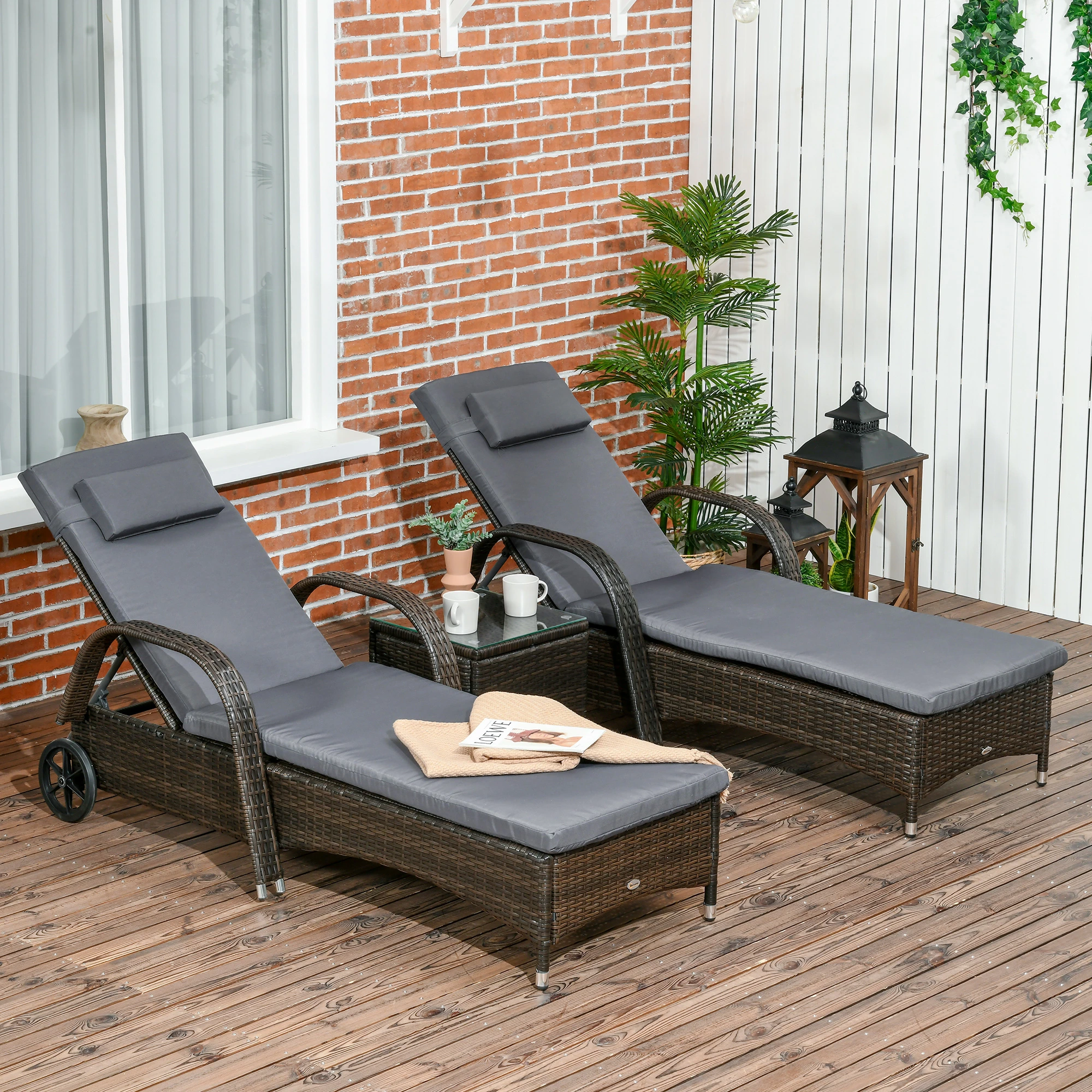 3 Pieces Wicker Patio Lounger Set with Table, PE Rattan Outdoor Lounge Chair Set with Cushions