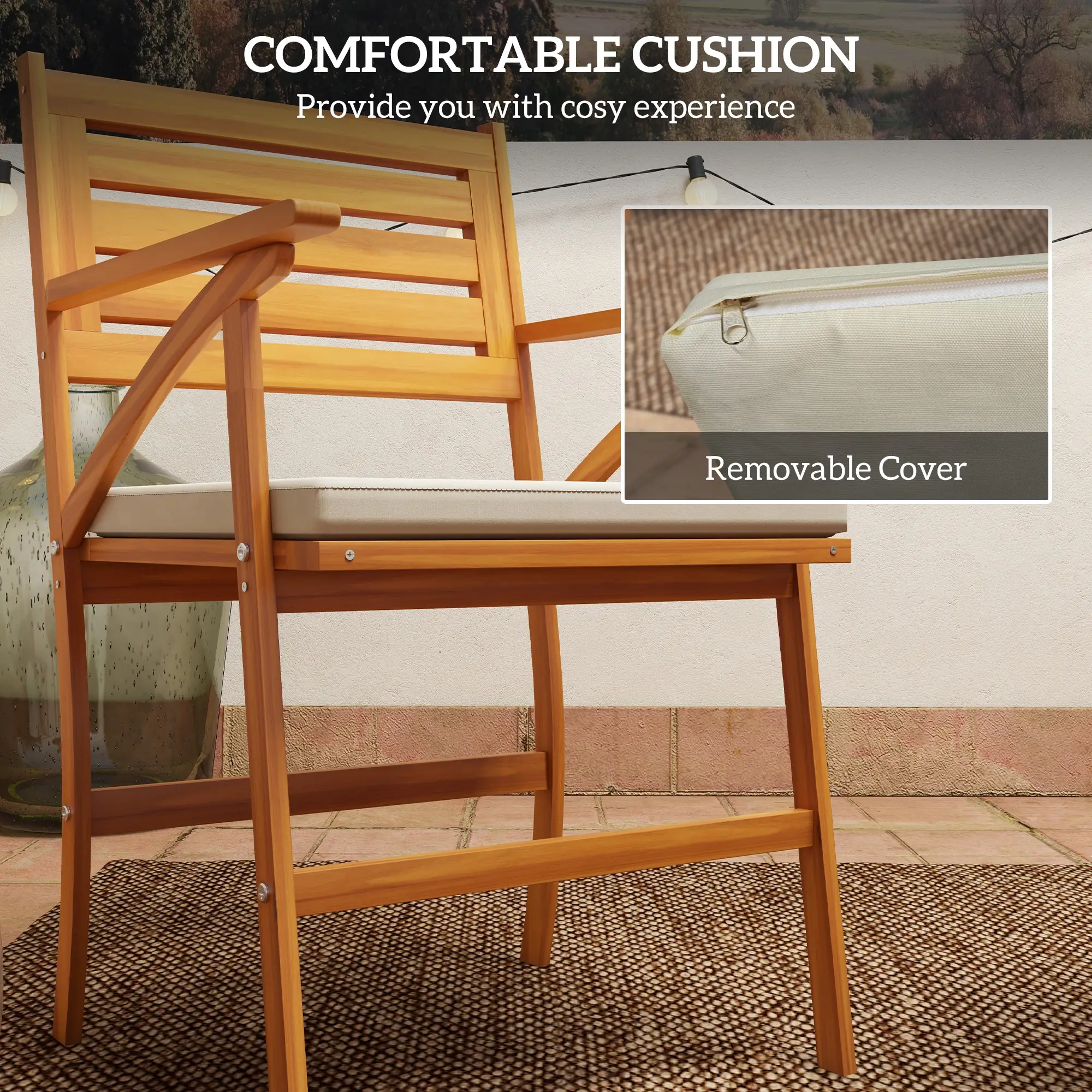 3 Piece Patio Set, Small Patio Table and Chairs, Wooden Outdoor Bistro Set w/ Cushions