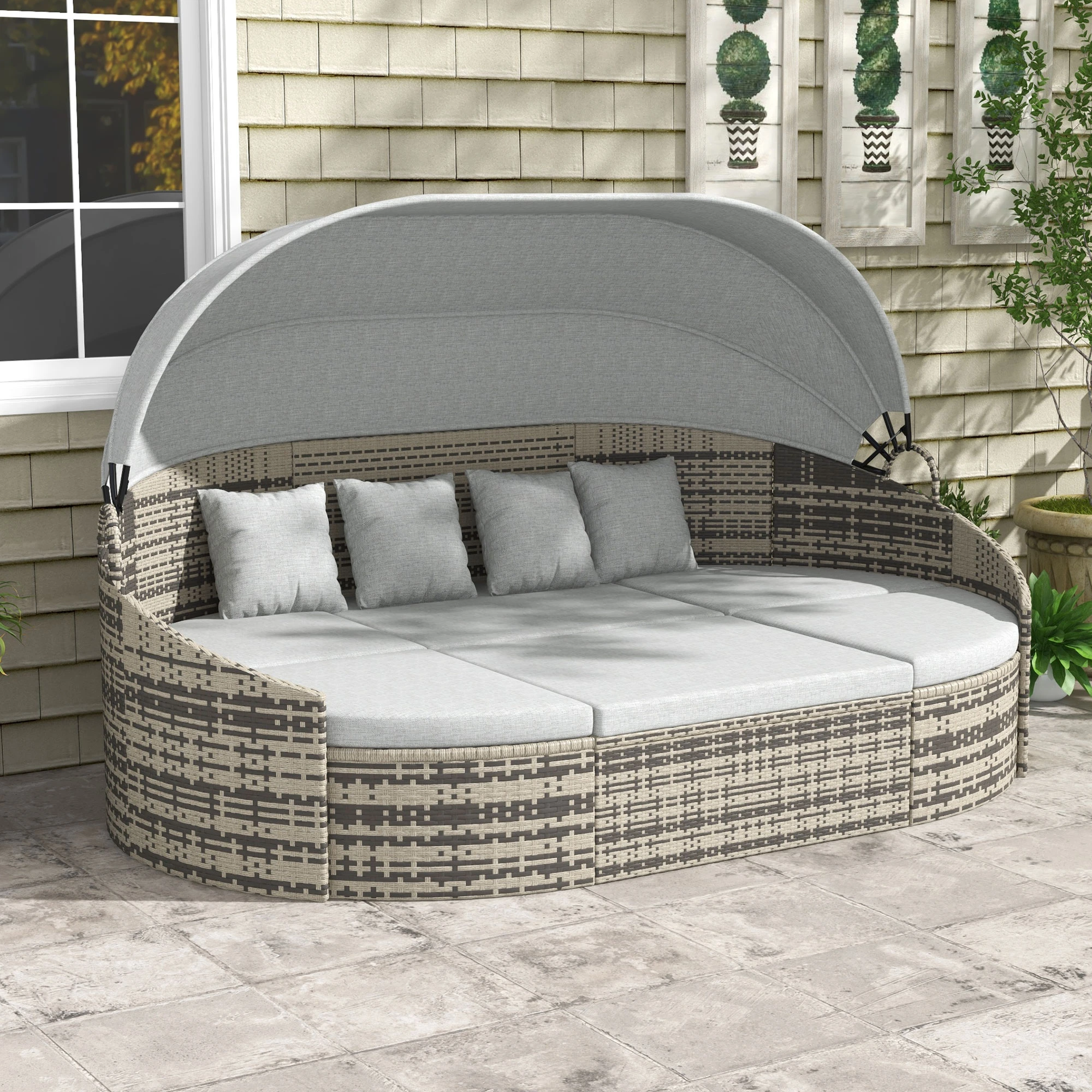 4 Pieces Patio PE Wicker Round Daybed, Outdoor Rattan Garden Lounge Furniture Sets