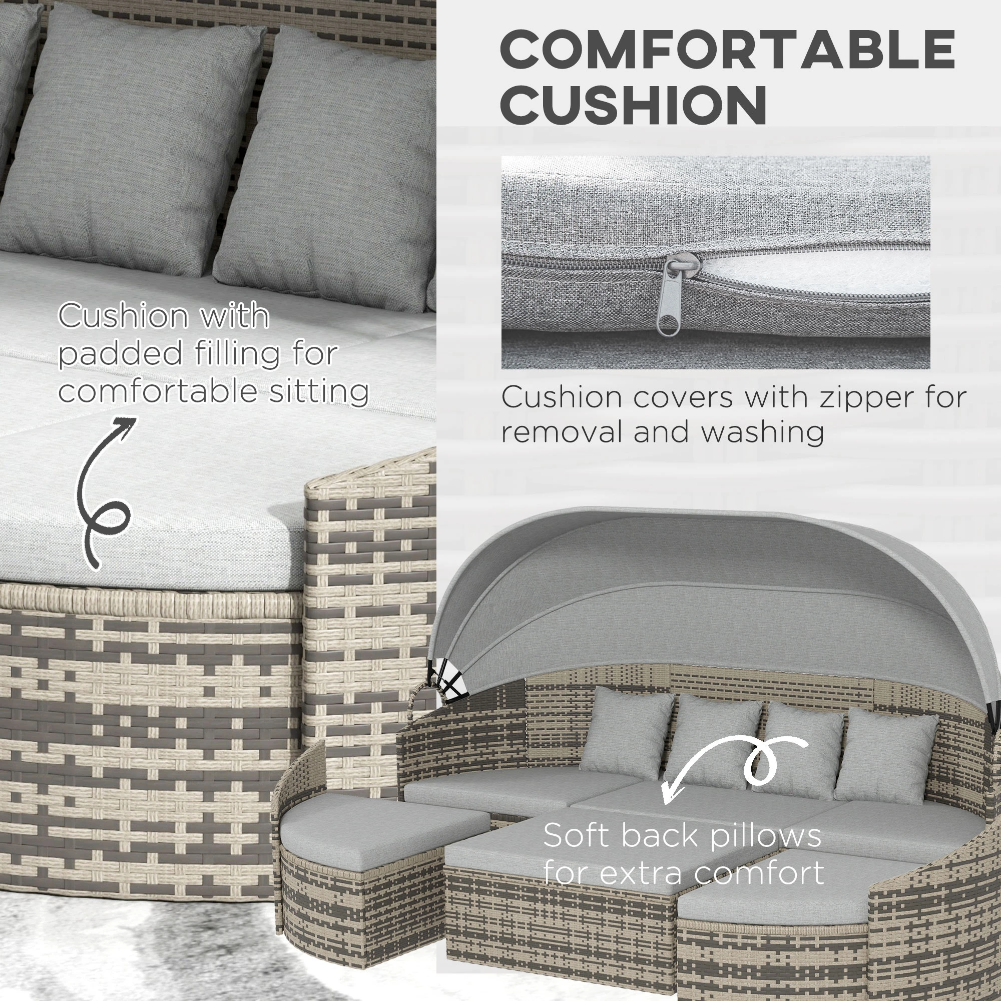 4 Pieces Patio PE Wicker Round Daybed, Outdoor Rattan Garden Lounge Furniture Sets