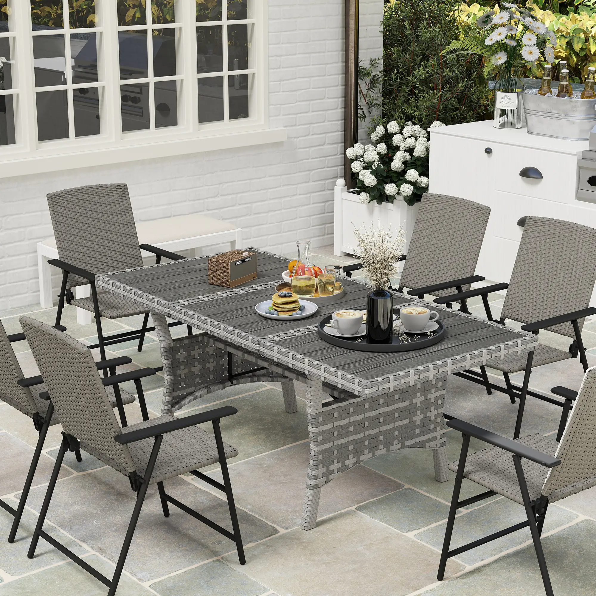 75" Outdoor Dining Table for 6-8, Wicker Patio Table with Storage Shelf and WPC Slatted Top 