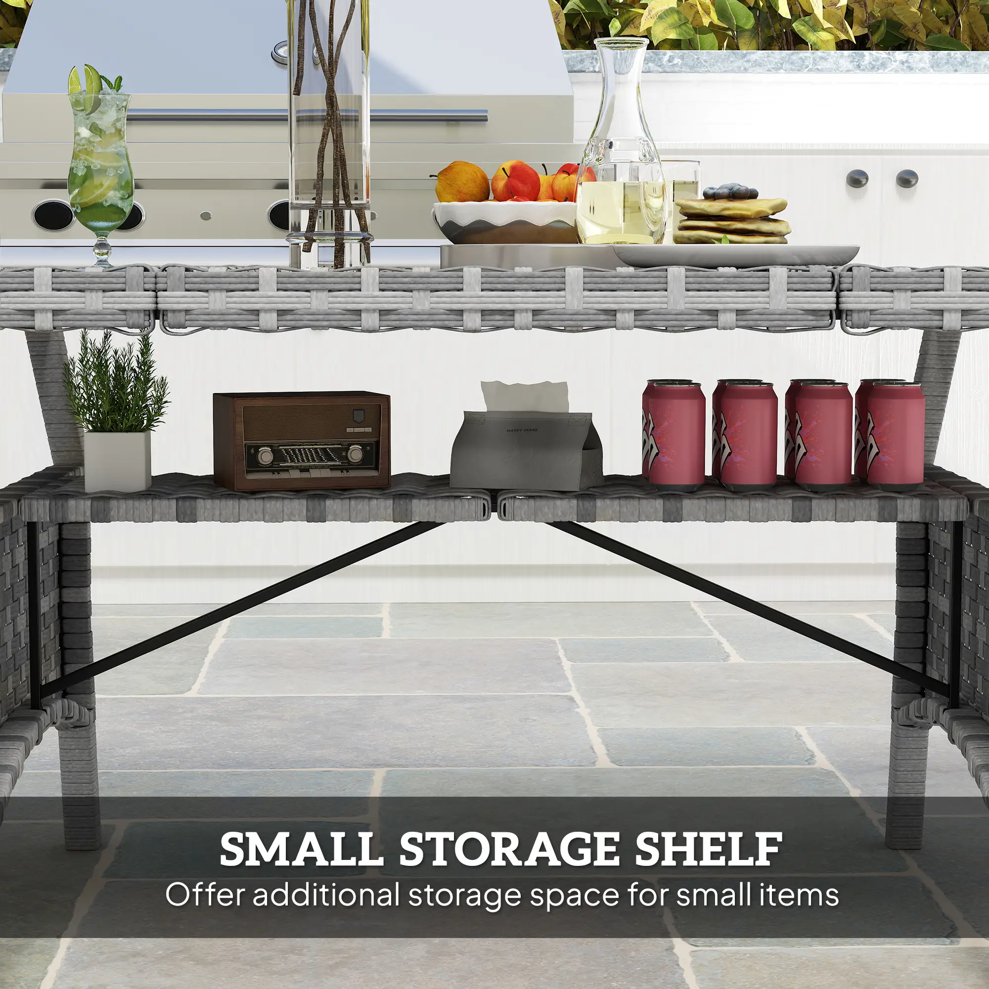 75" Outdoor Dining Table for 6-8, Wicker Patio Table with Storage Shelf and WPC Slatted Top 