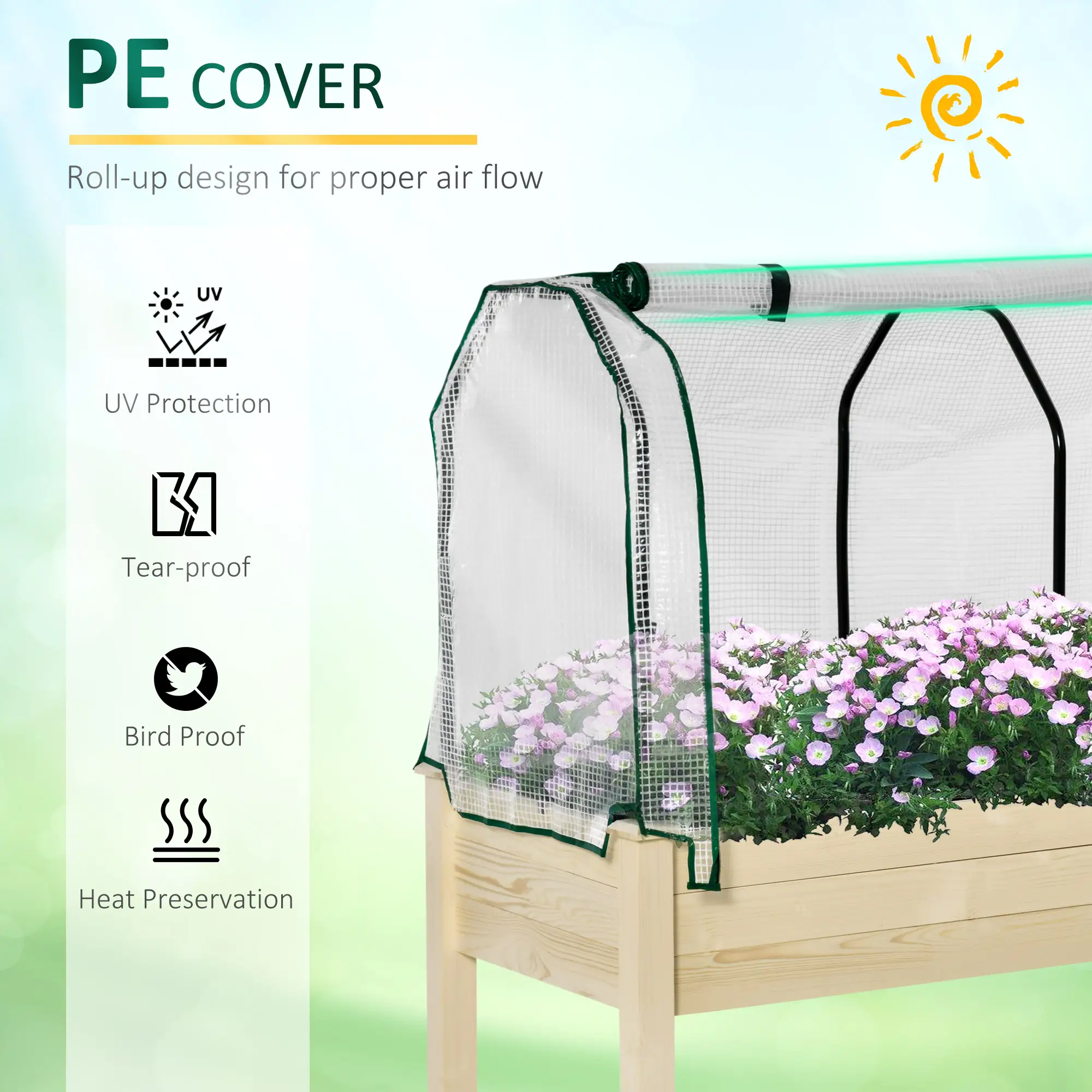  Raised Garden Bed with PE Greenhouse Cover Outdoor Elevated Wood Planter Box for Herbs and Vegetables