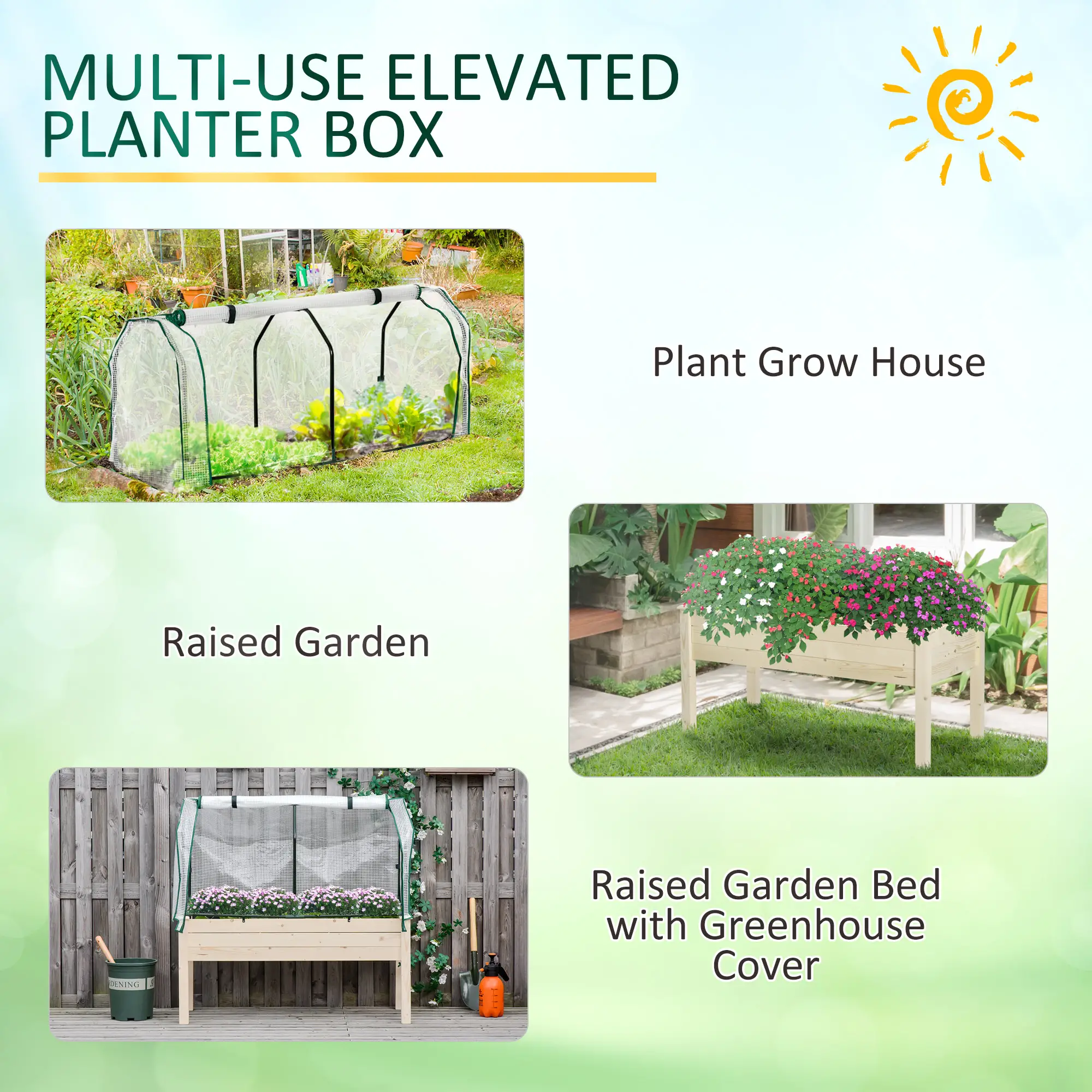  Raised Garden Bed with PE Greenhouse Cover Outdoor Elevated Wood Planter Box for Herbs and Vegetables