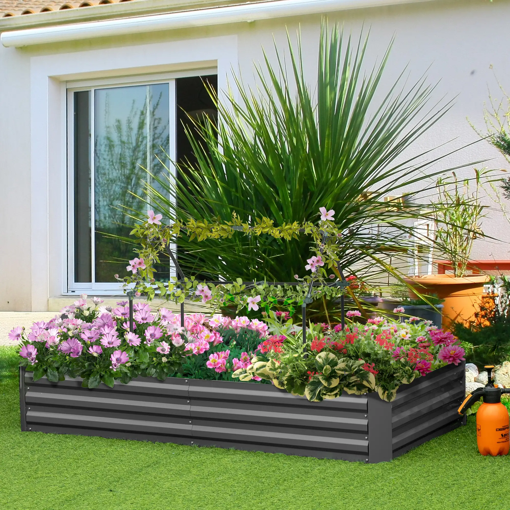  6' x 3' x 1' Raised Garden Bed with 2 Trellis Tomato Cages, Steel Frame Elevated Planter Box