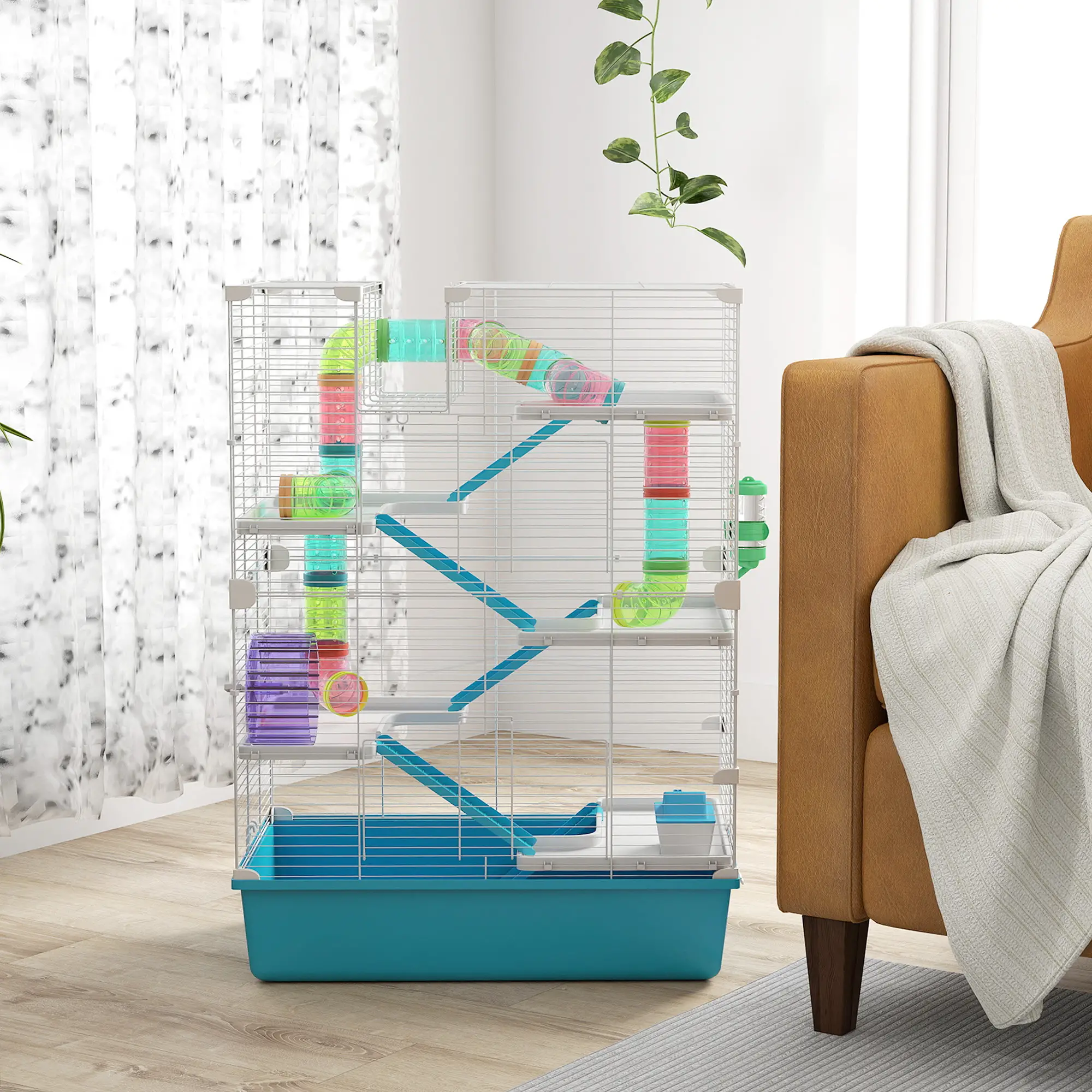 6 Tier Hamster Cage w/ Tunnels and Tubes, Hut, Wheel, Food Dish, Water Bottle, Ramps, for Dwarf & Gerbil