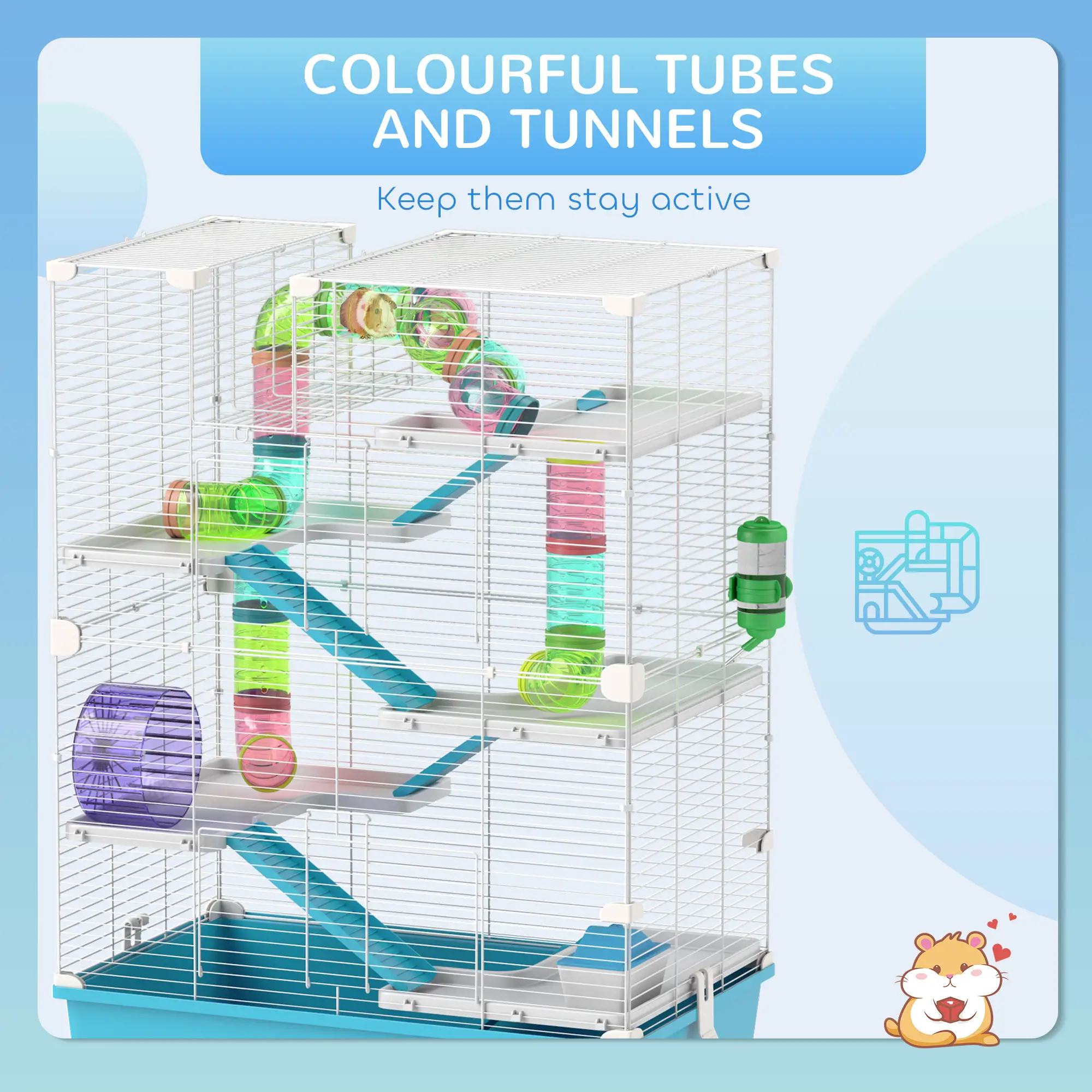 6 Tier Hamster Cage w/ Tunnels and Tubes, Hut, Wheel, Food Dish, Water Bottle, Ramps, for Dwarf & Gerbil