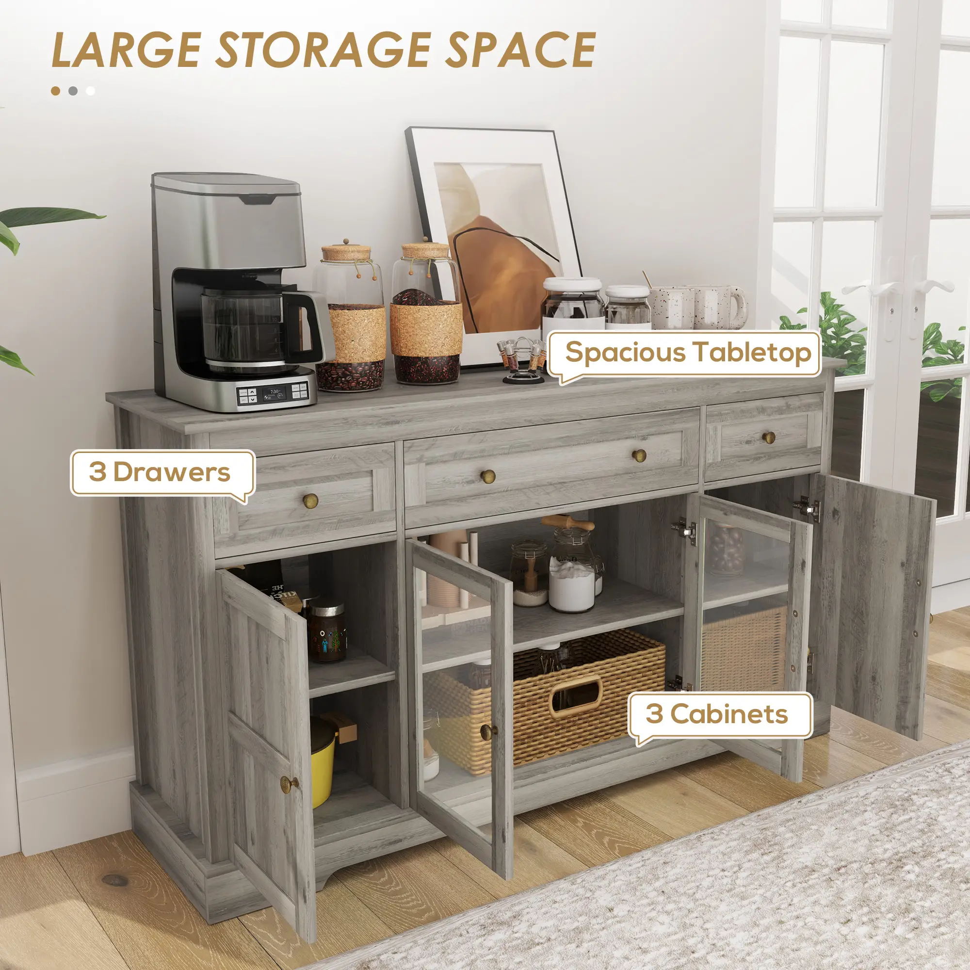 Sideboard Buffet Cabinet with Storage, Coffee Bar Cabinet with Glass Doors and Adjustable Shelves