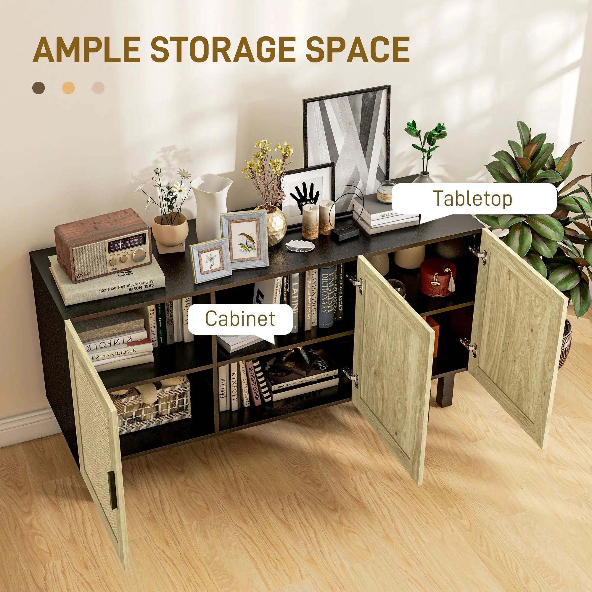 Sideboard Buffet Cabinet with 3 Rattan Doors, Kitchen Cabinet with Adjustable Shelves