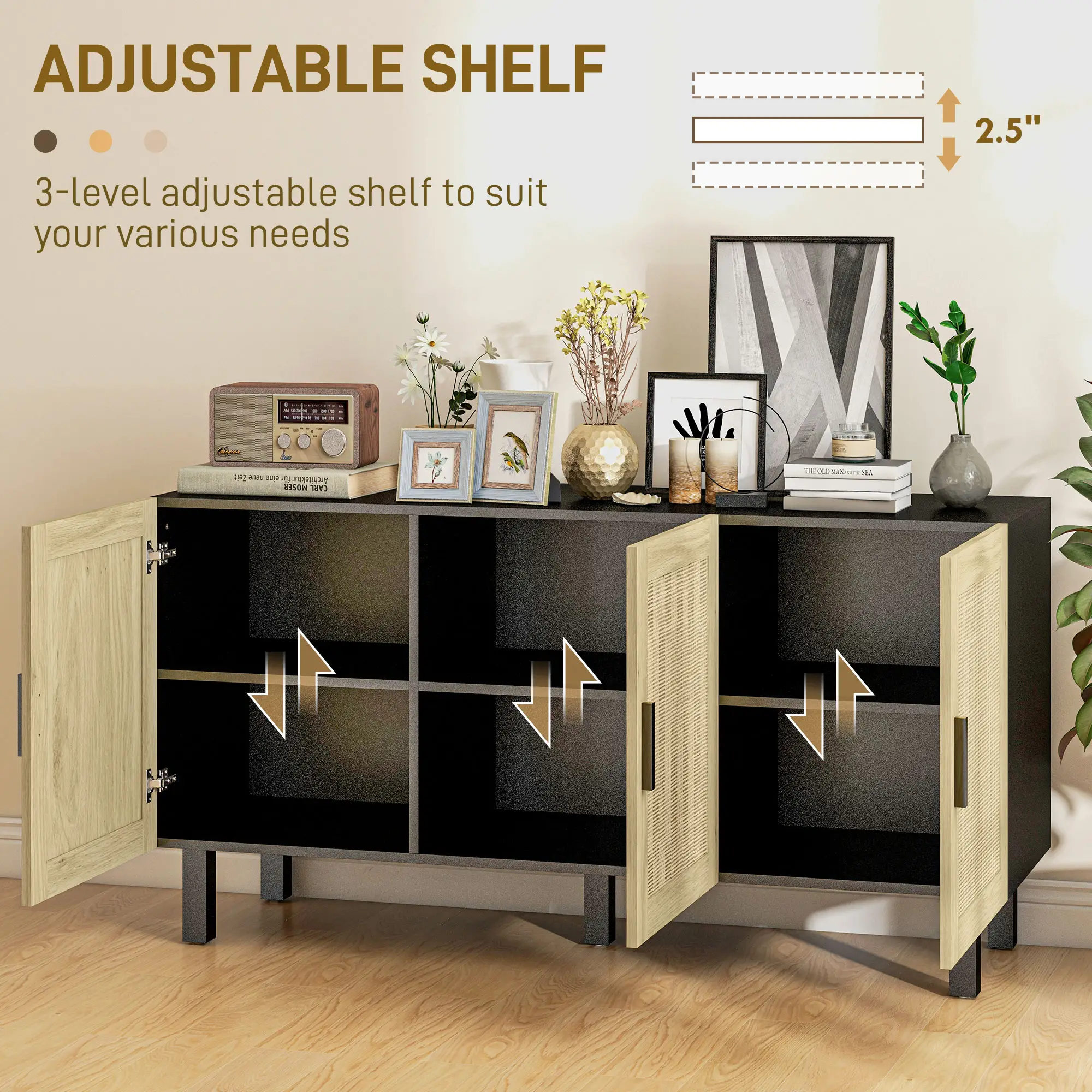 Sideboard Buffet Cabinet with 3 Rattan Doors, Kitchen Cabinet with Adjustable Shelves