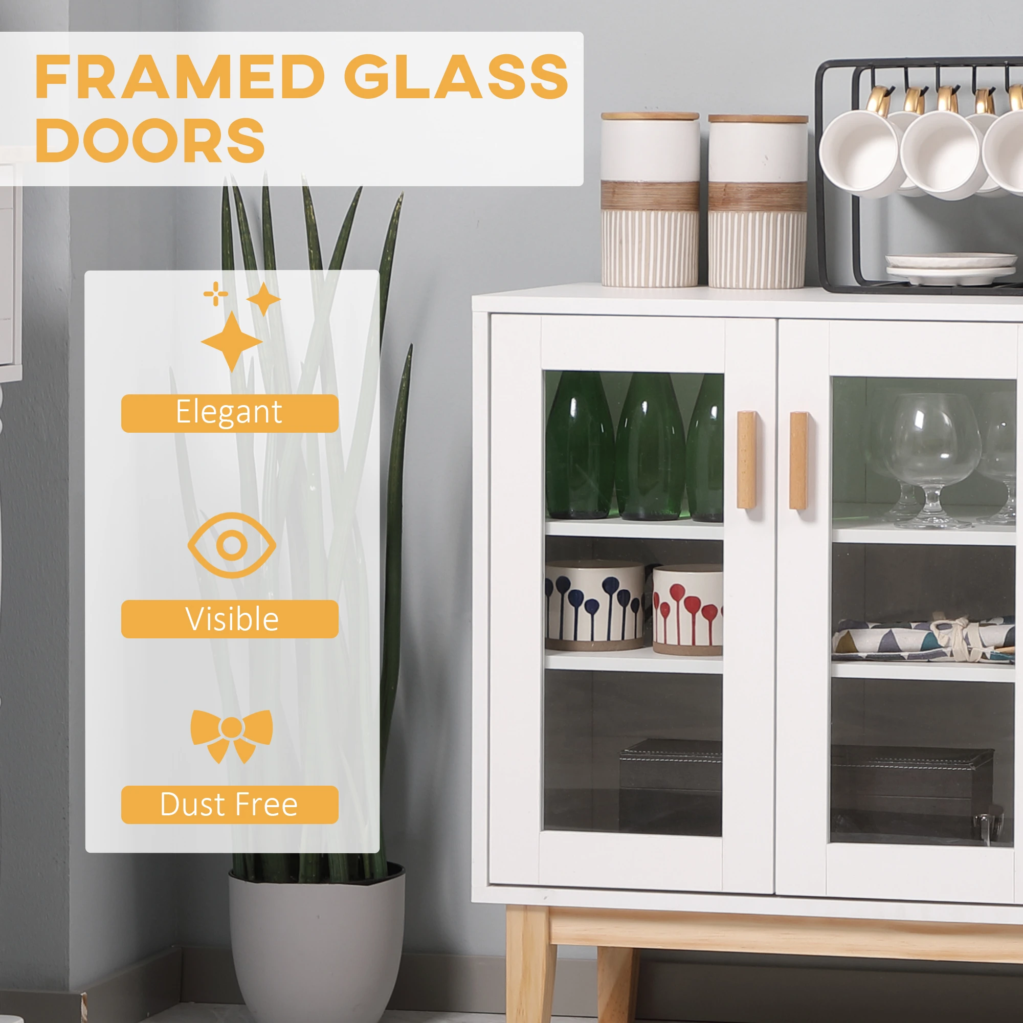 Kitchen Sideboard, Coffee Bar Cabinet, Buffet Cabinet with 4-Bottle Wine Rack, Glass Door and Adjustable Shelves