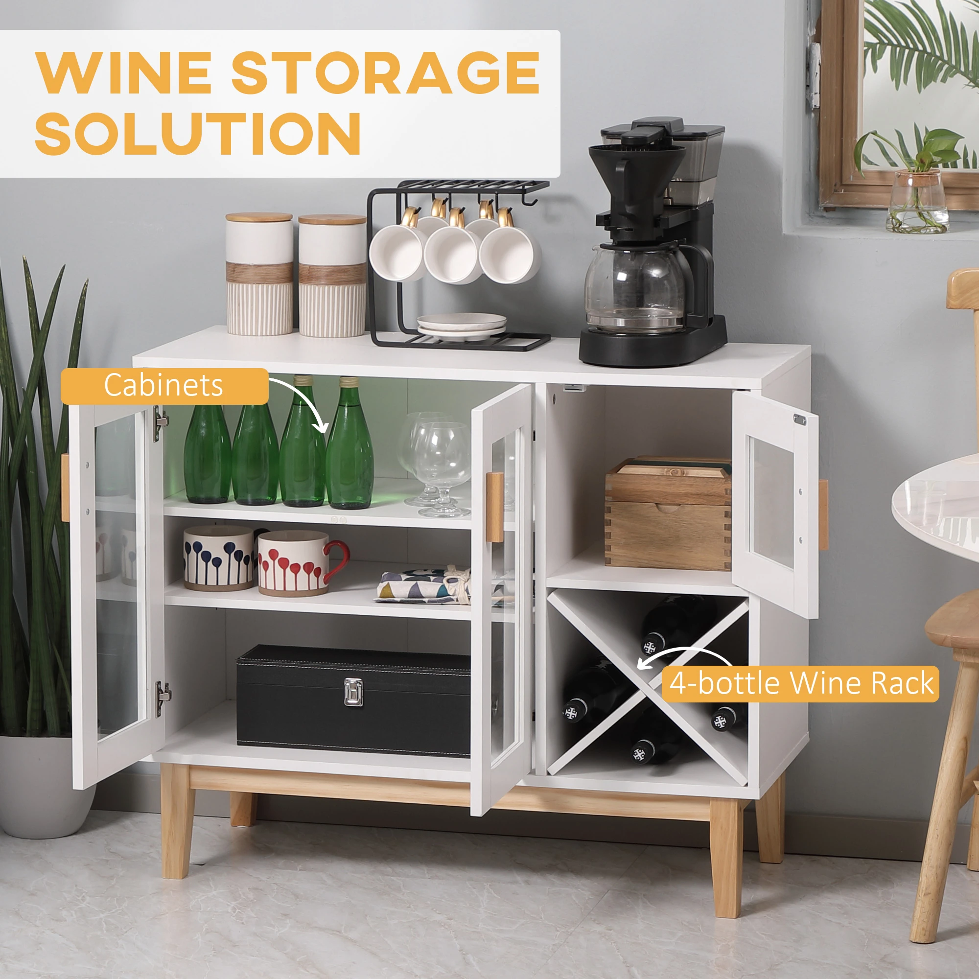 Kitchen Sideboard, Coffee Bar Cabinet, Buffet Cabinet with 4-Bottle Wine Rack, Glass Door and Adjustable Shelves