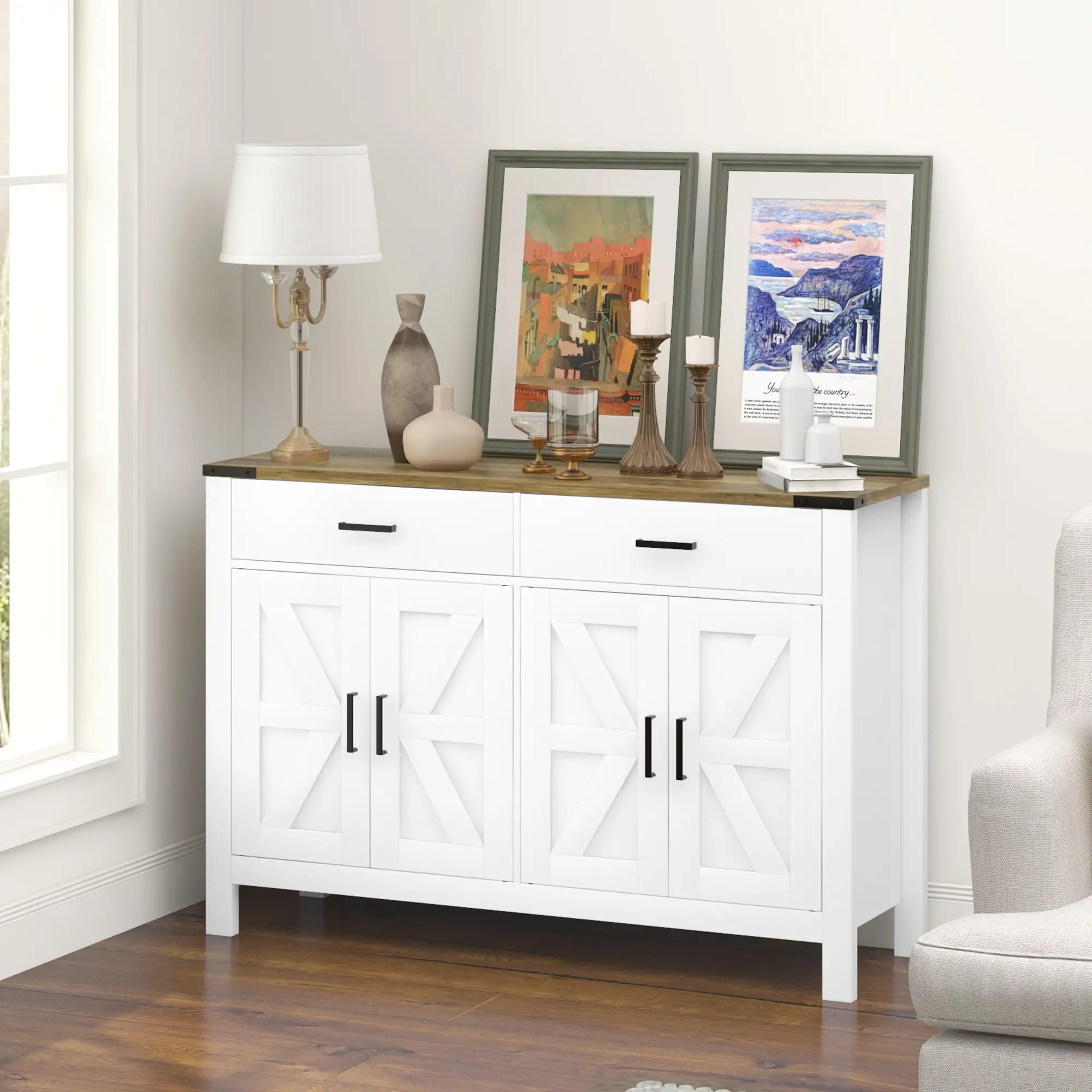 Farmhouse Buffet Cabinet Sideboard with 2 Drawers, 2 Storage Cabinets and Adjustable Shelves