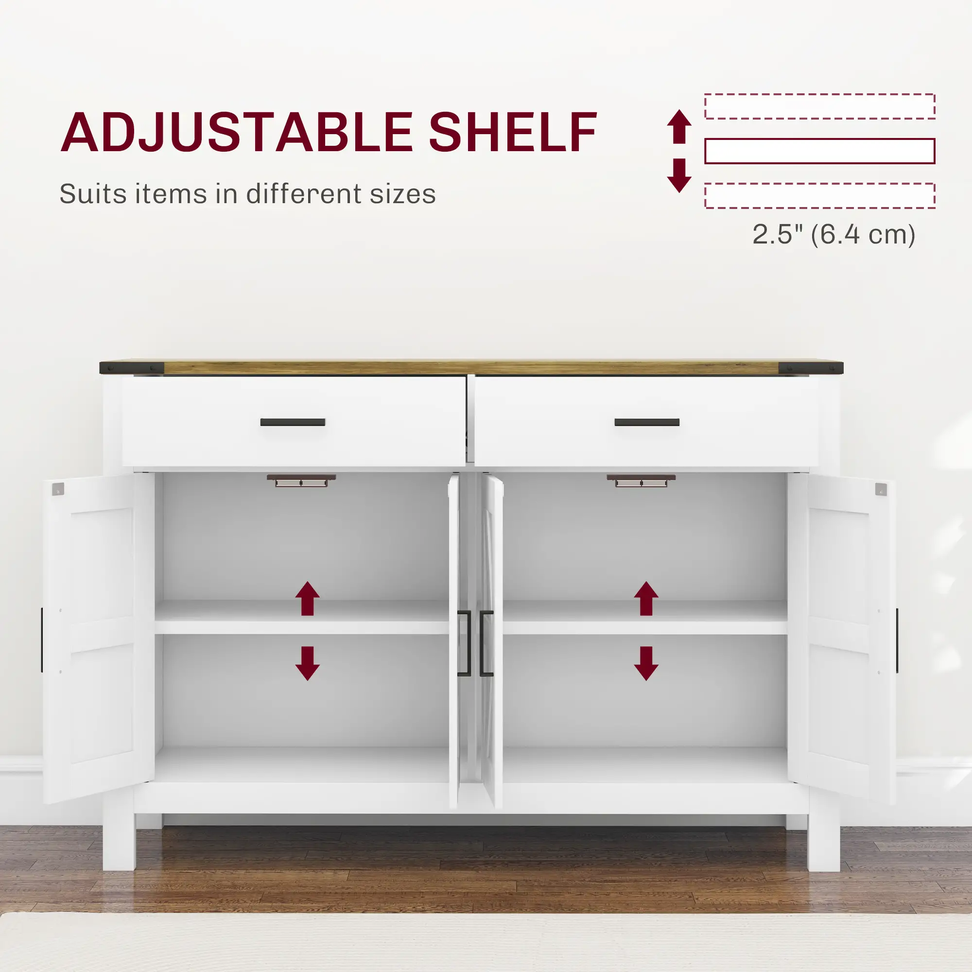 Farmhouse Buffet Cabinet Sideboard with 2 Drawers, 2 Storage Cabinets and Adjustable Shelves