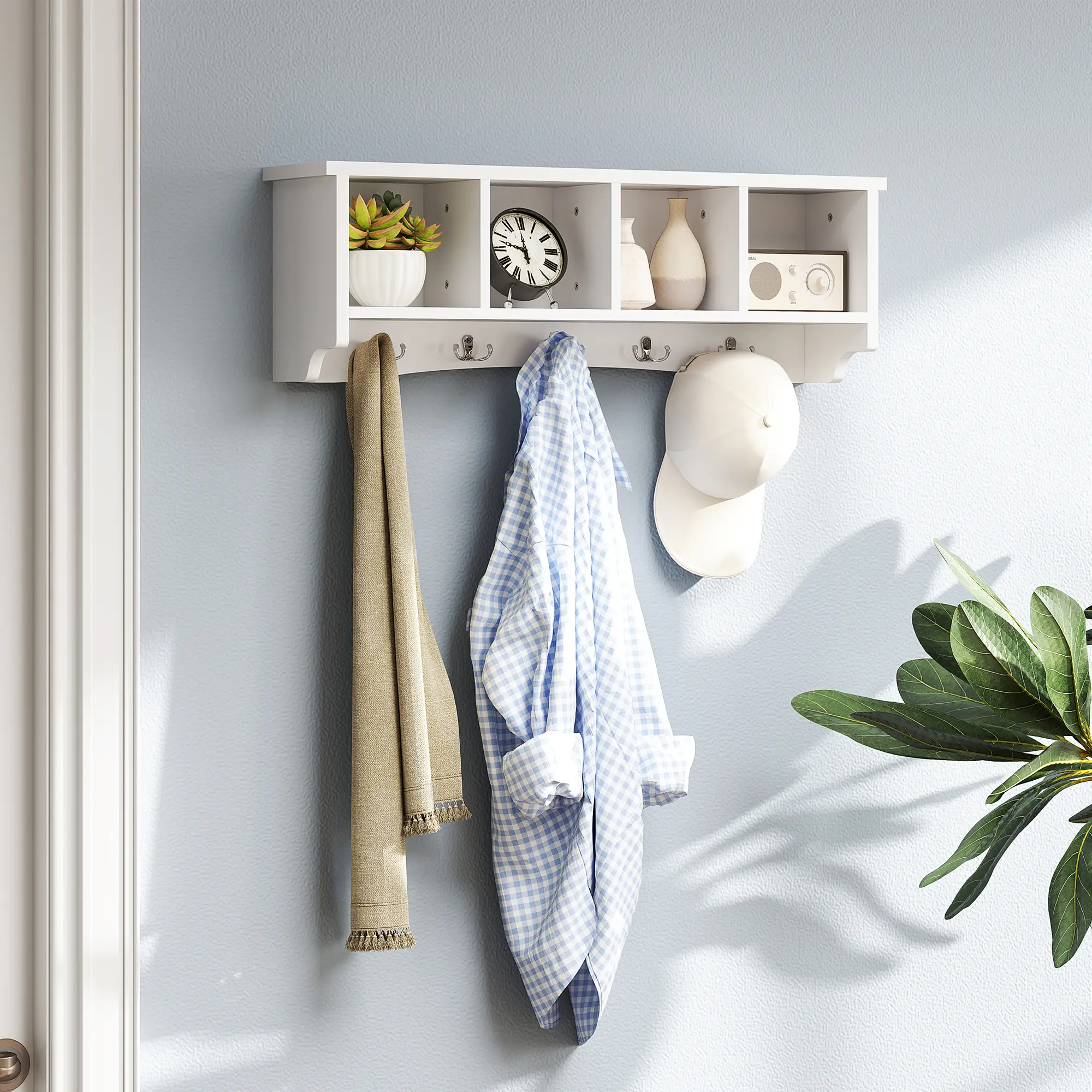 Coat Rack Wall Mount with Shelf, 28" Wall Coat Rack with 5 Hooks and 4 Compartments 