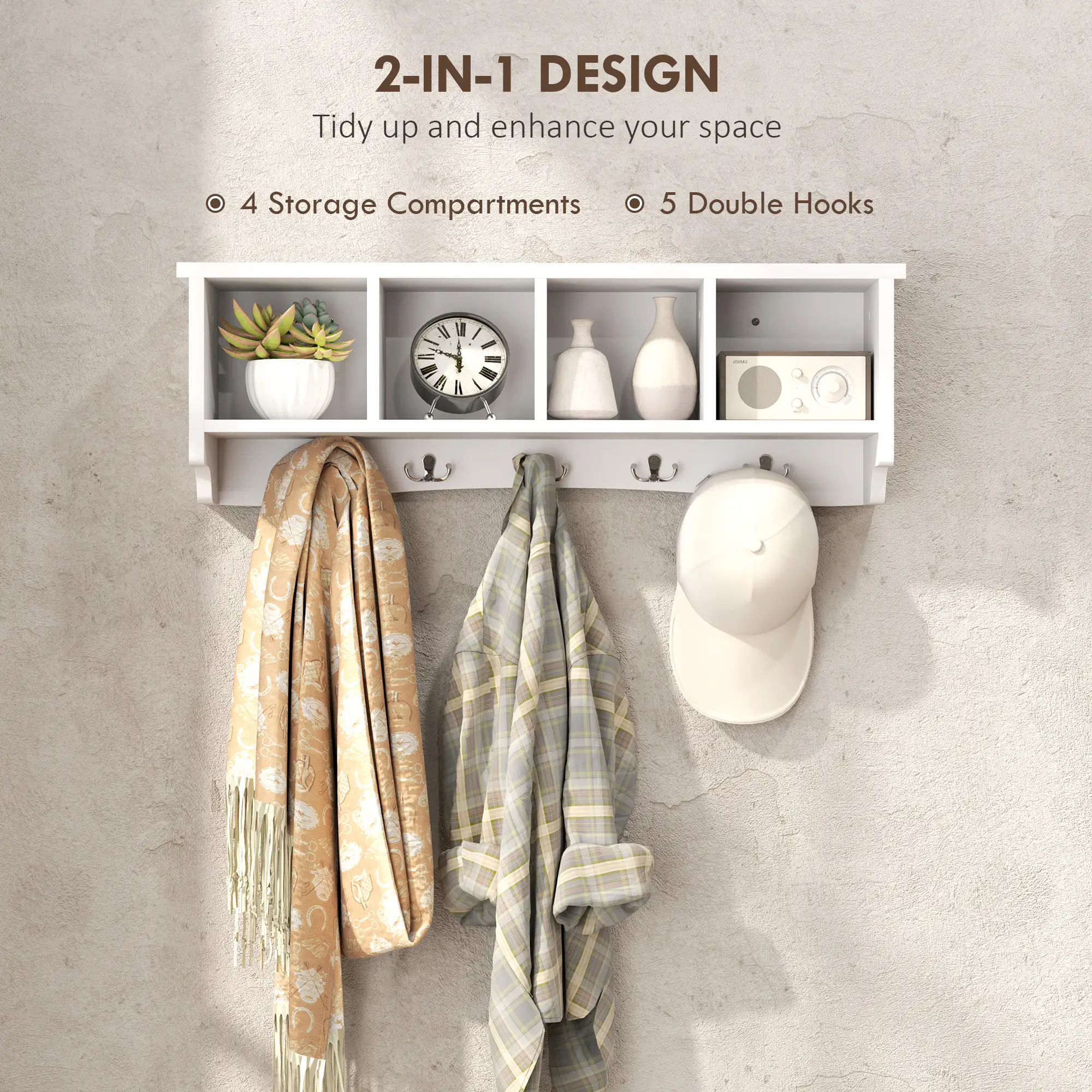 Coat Rack Wall Mount with Shelf, 28" Wall Coat Rack with 5 Hooks and 4 Compartments 