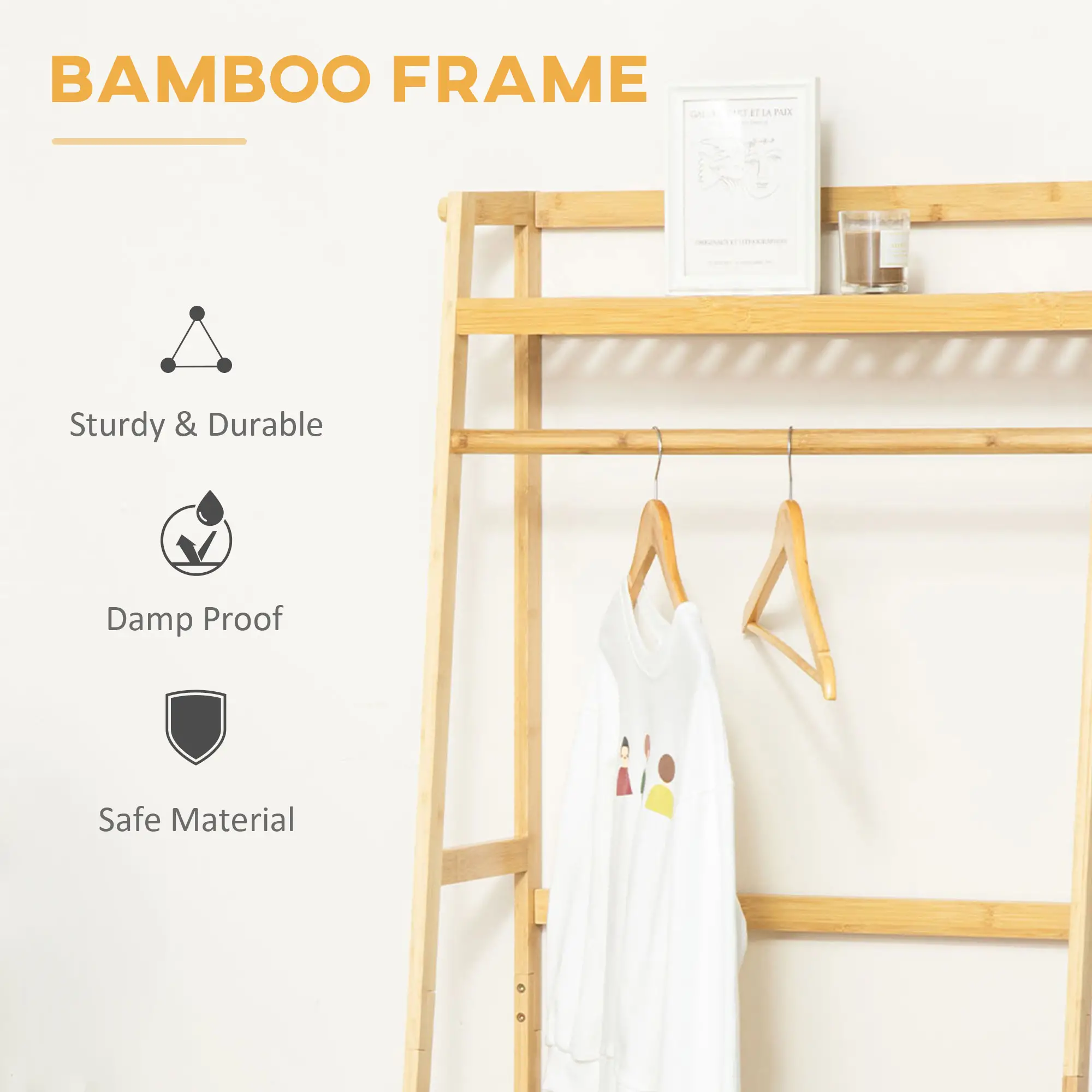 Bamboo Garment Rack, Freestanding Wooden Clothing Rack with 3 Tier Storage Shelves, Hooks and Hanging Rail 