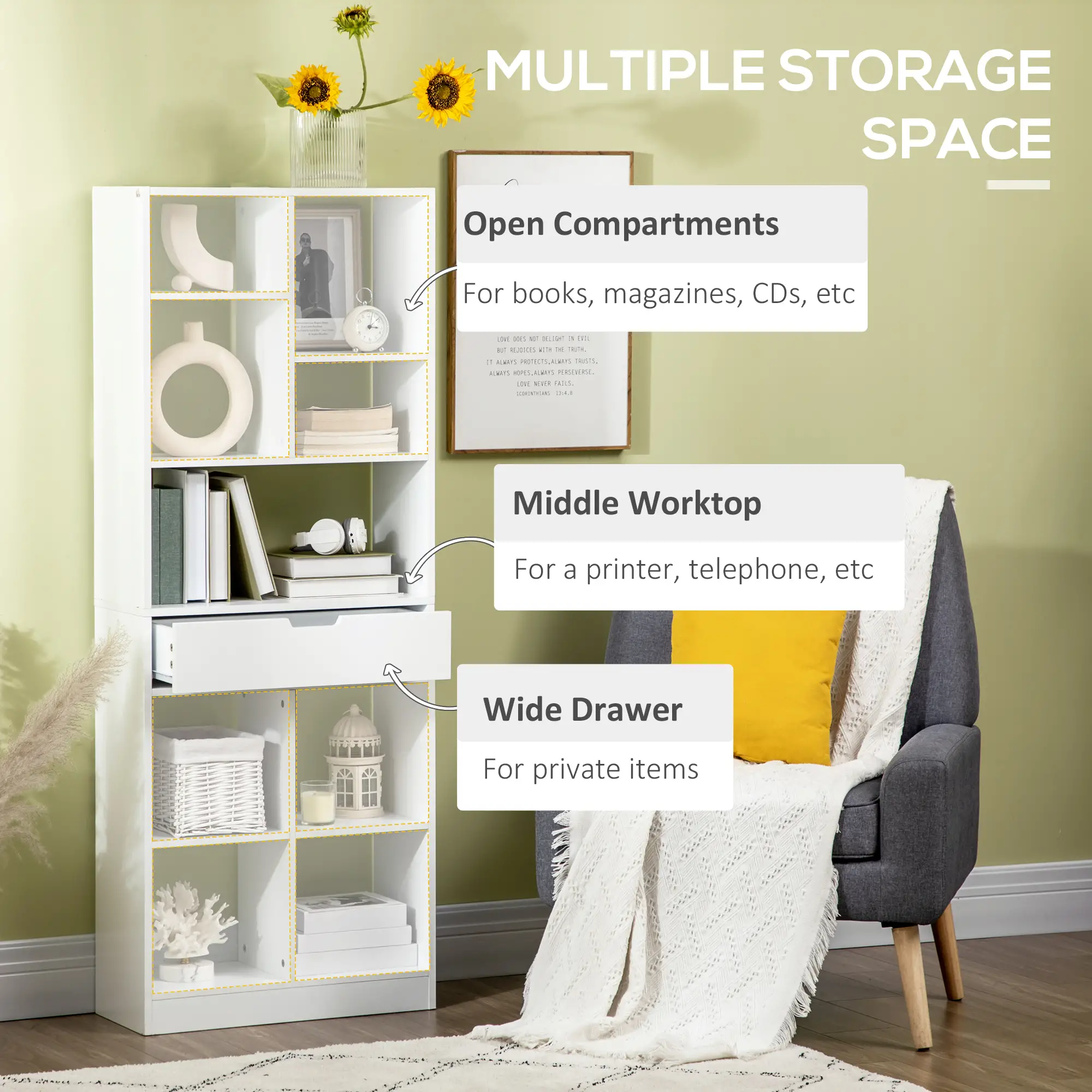 Tall Bookshelf with Drawer, Freestanding Bookcase