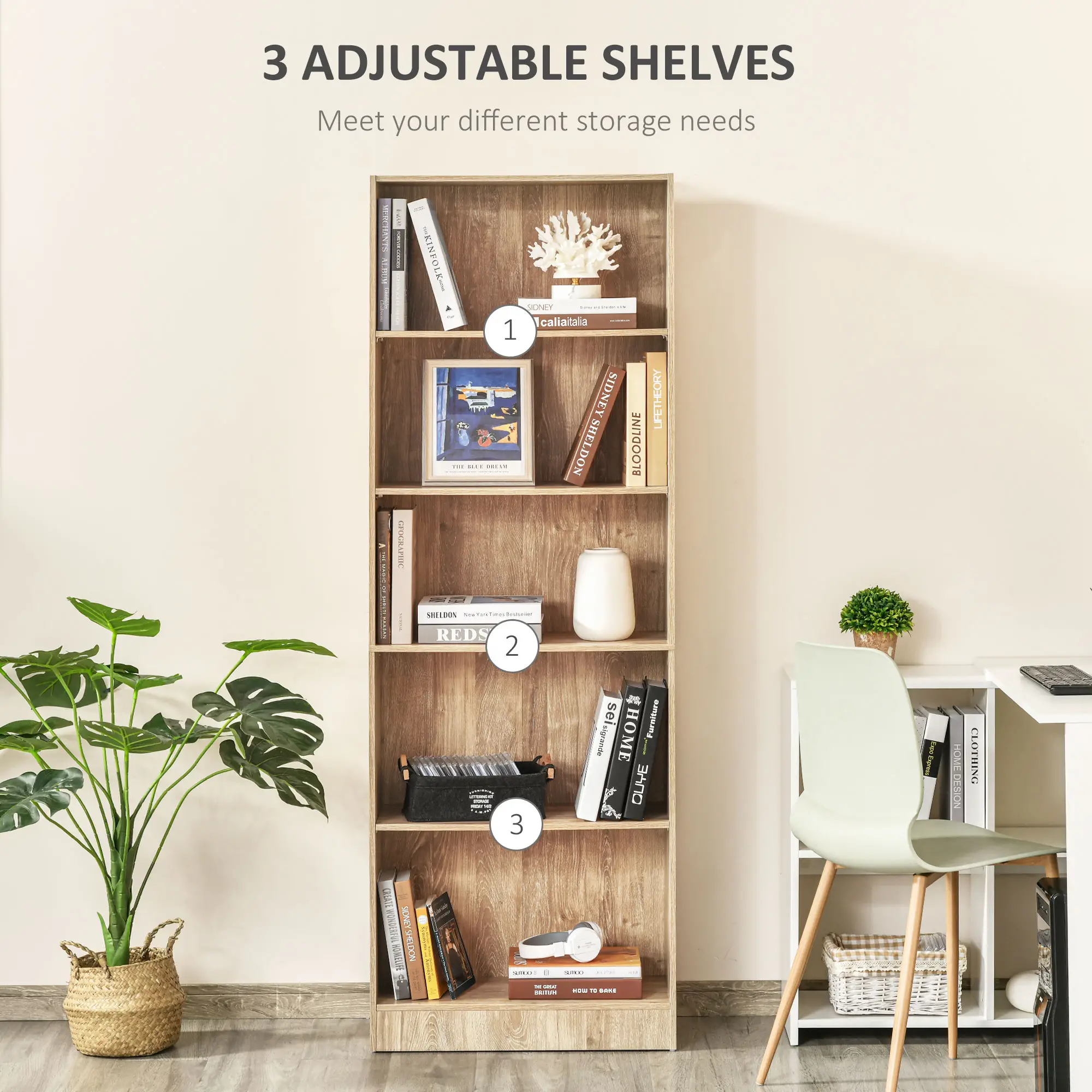 5-Tier Bookcase, Storage Bookshelf, Display Shelves with Adjustable Shelves