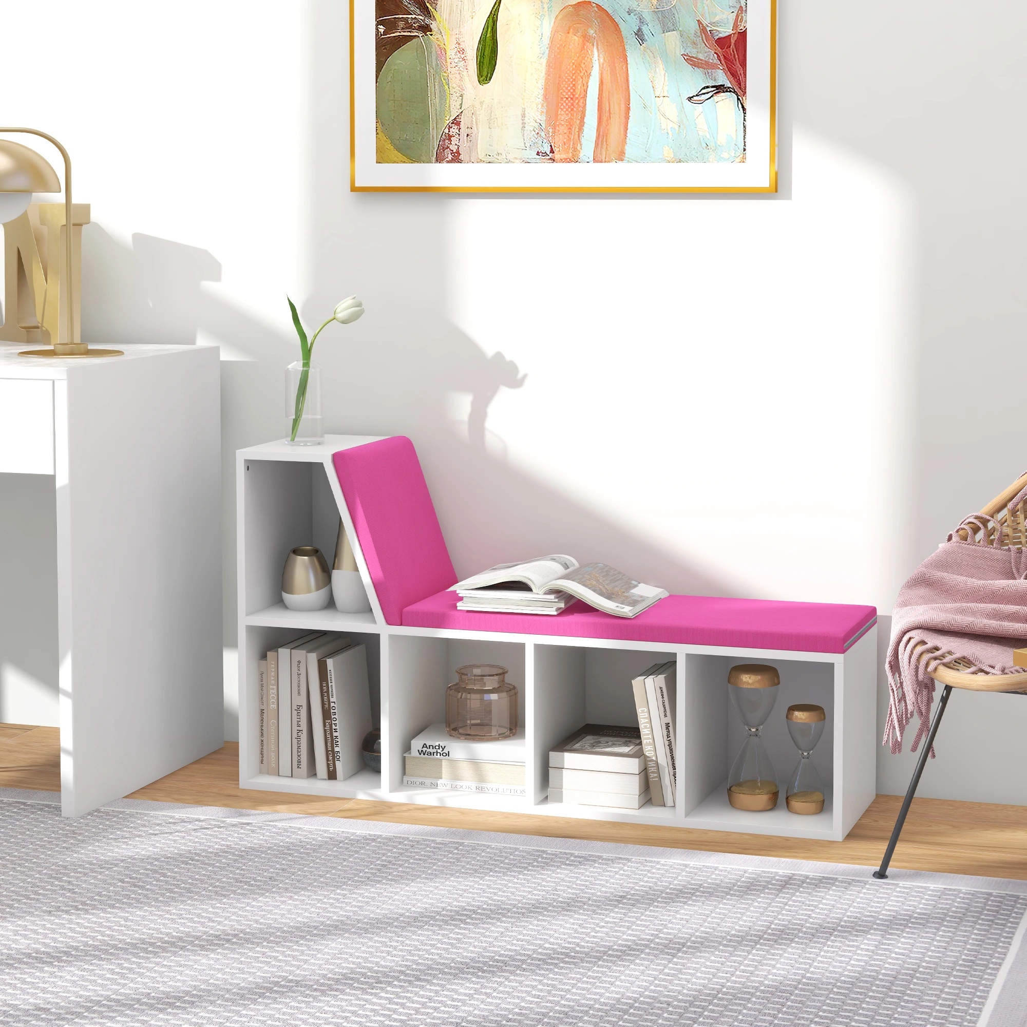 Multi-Purpose Bookshelf with 5 Cubes, 5-Cubby Bookcase with Cushioned Reading Nook and Storage Shelves