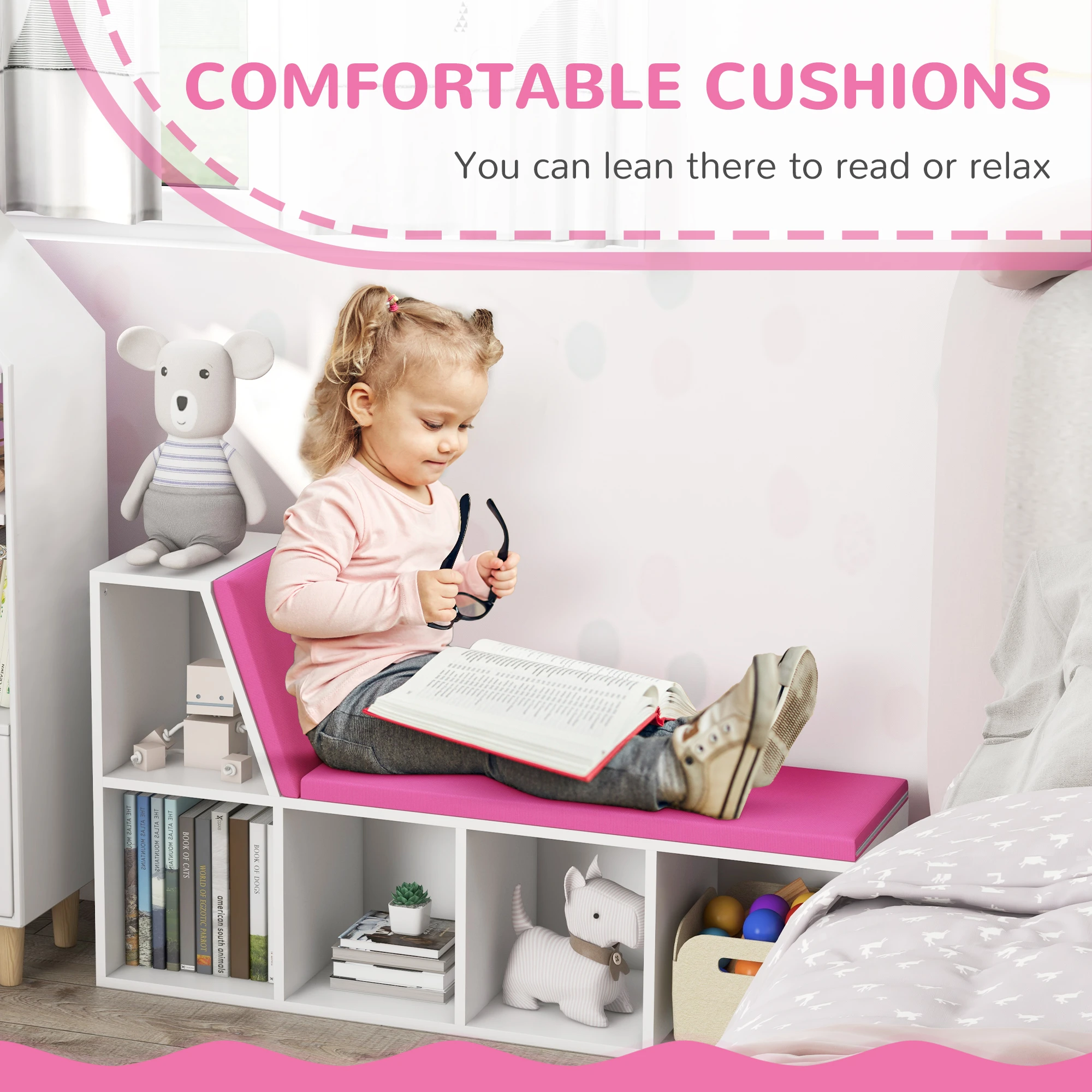 Multi-Purpose Bookshelf with 5 Cubes, 5-Cubby Bookcase with Cushioned Reading Nook and Storage Shelves