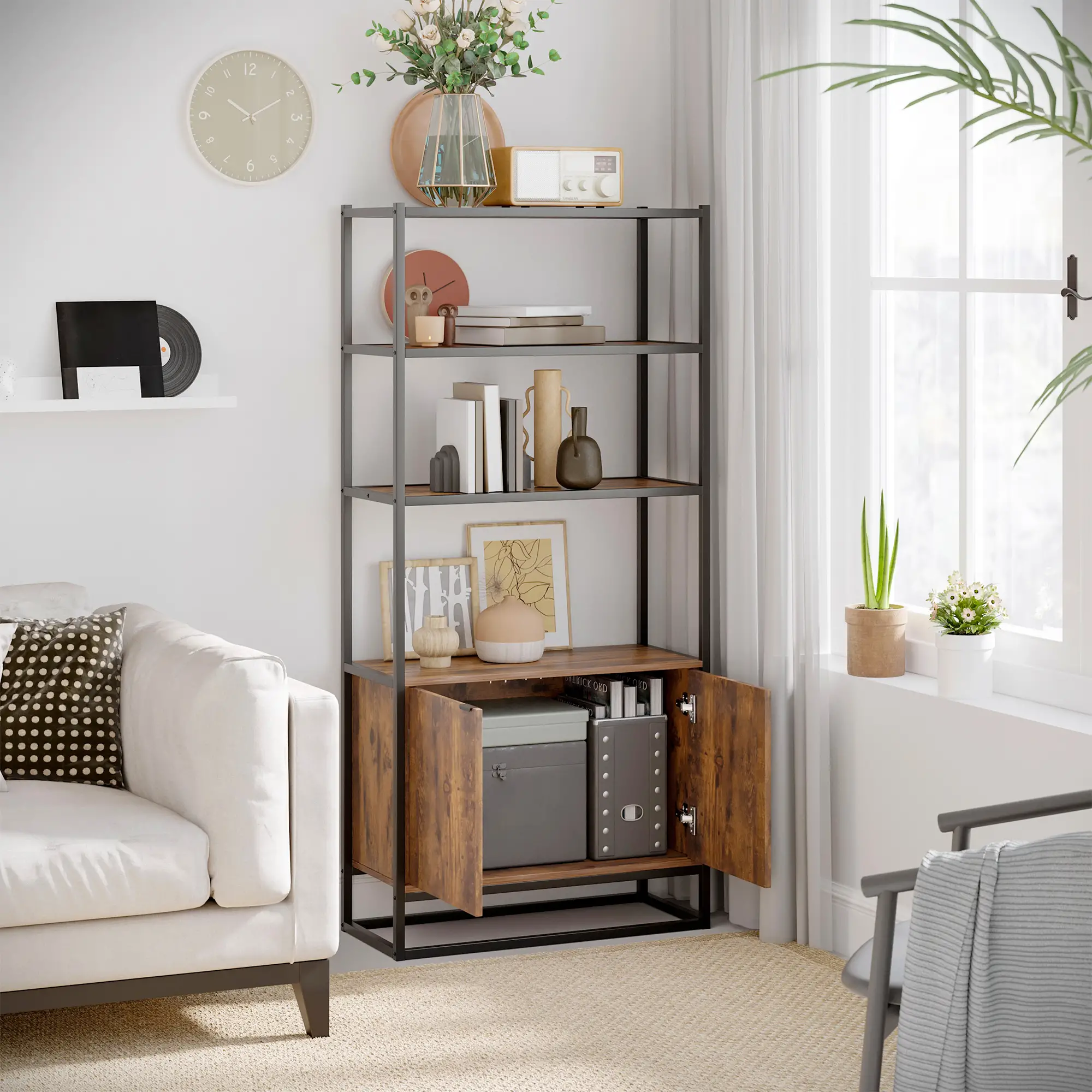 Storage Cabinet with 3 Open Shelves Cupboard Freestanding Tall Organizer Multifunctional Rack 