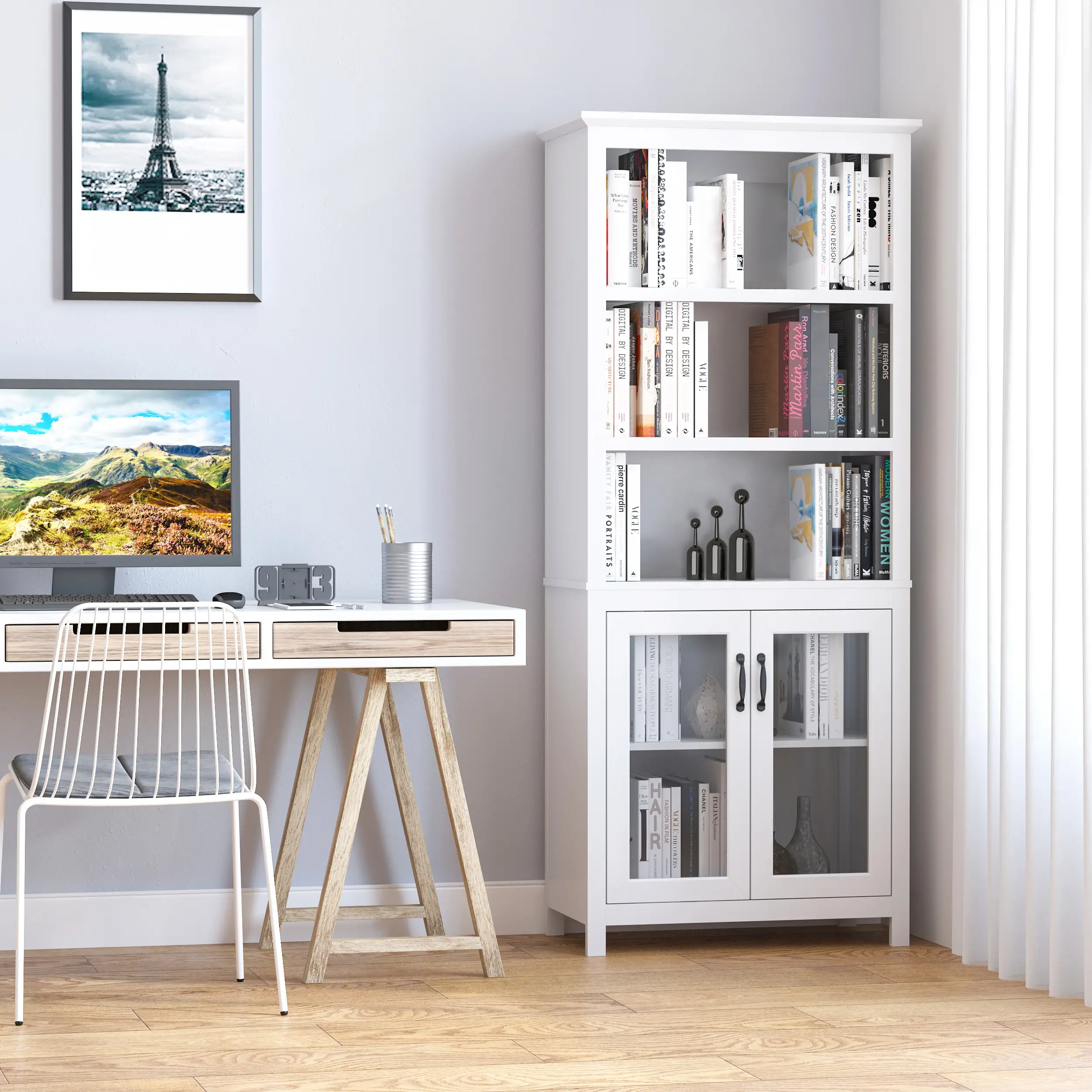  3-Tier Multifunctional Bookcase, Storage Bookshelf, Display Shelves with Glass Doors and Adjustable Shelves