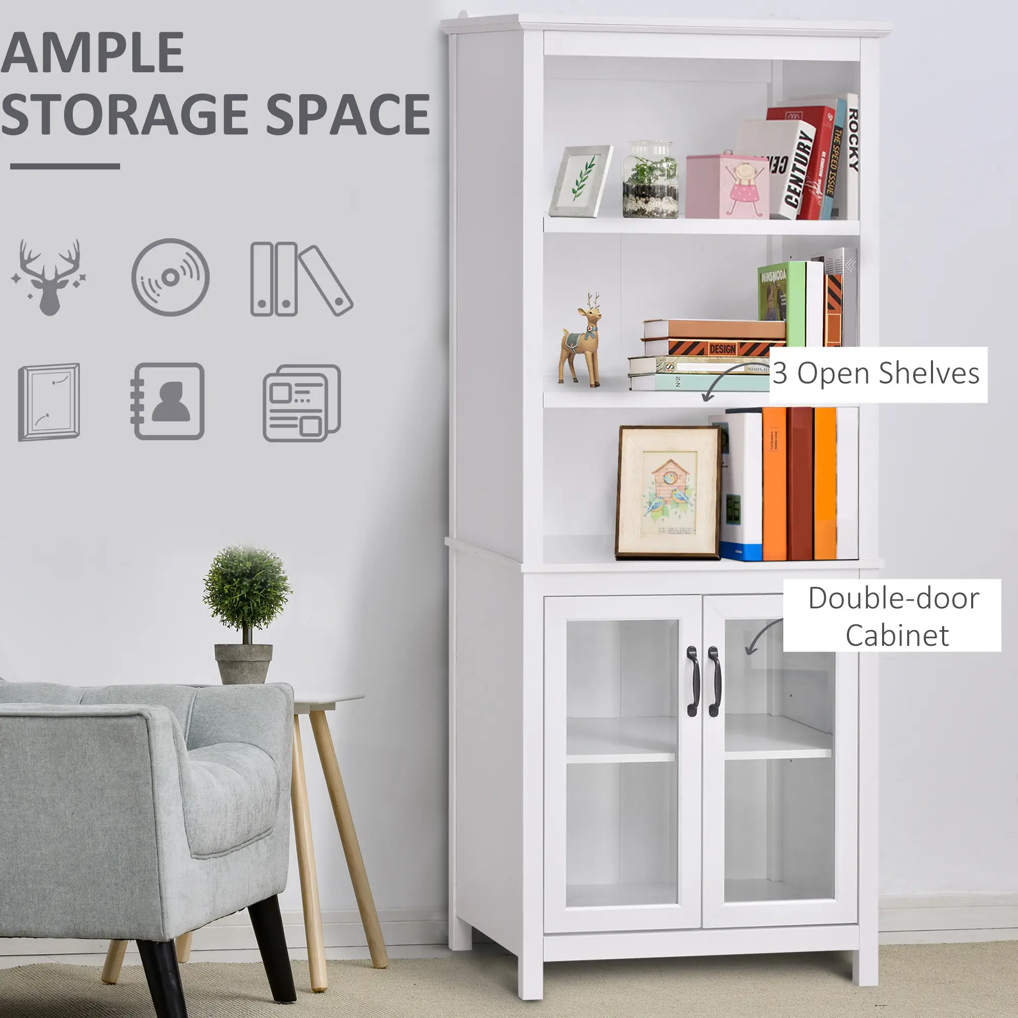  3-Tier Multifunctional Bookcase, Storage Bookshelf, Display Shelves with Glass Doors and Adjustable Shelves