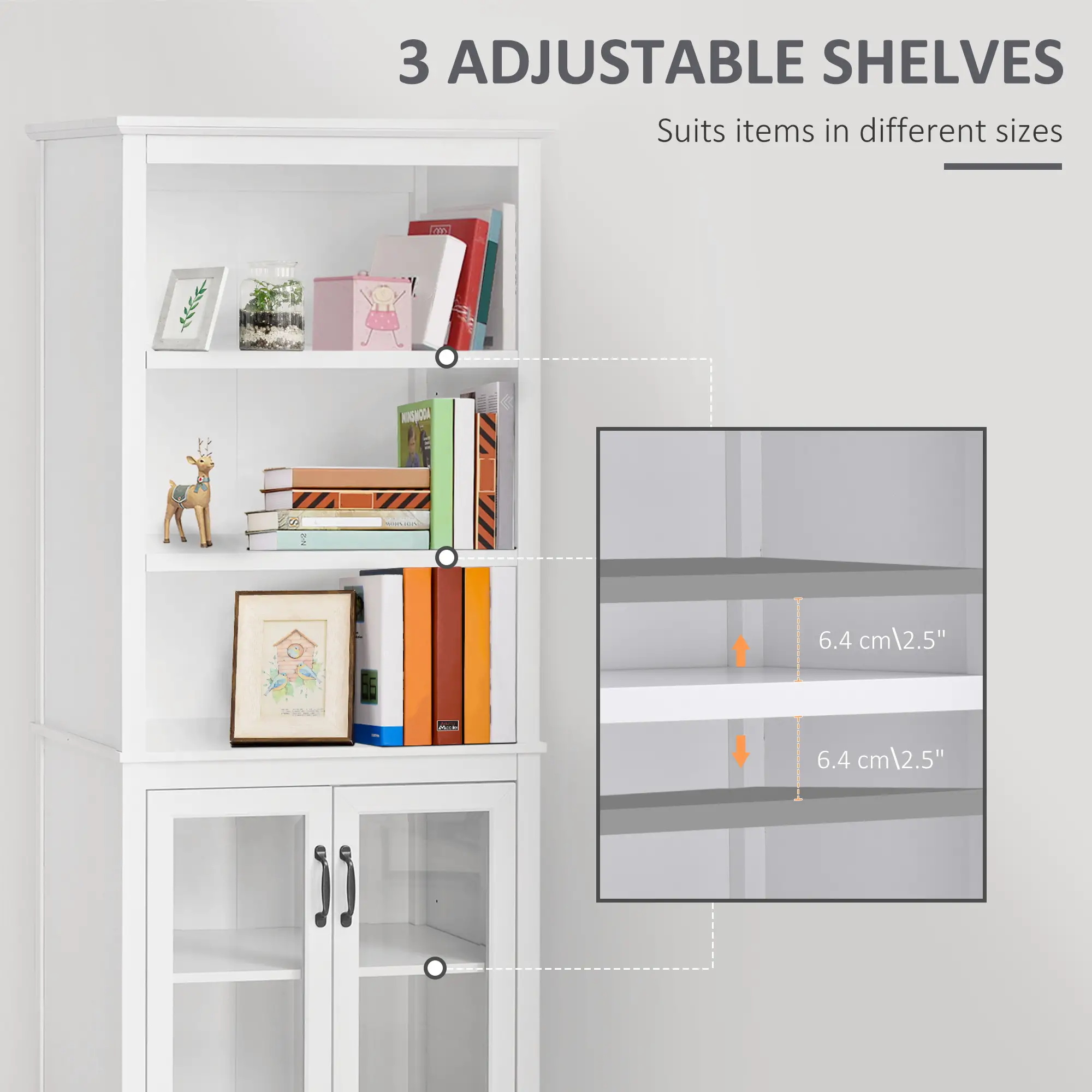  3-Tier Multifunctional Bookcase, Storage Bookshelf, Display Shelves with Glass Doors and Adjustable Shelves