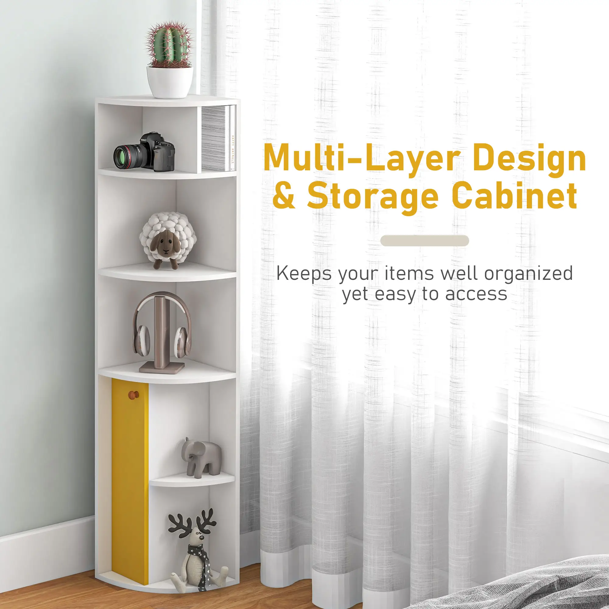 5-Tier Corner Bookcase, Storage Bookshelf, Freestanding Display Shelves with Open Compartments and Cabinet