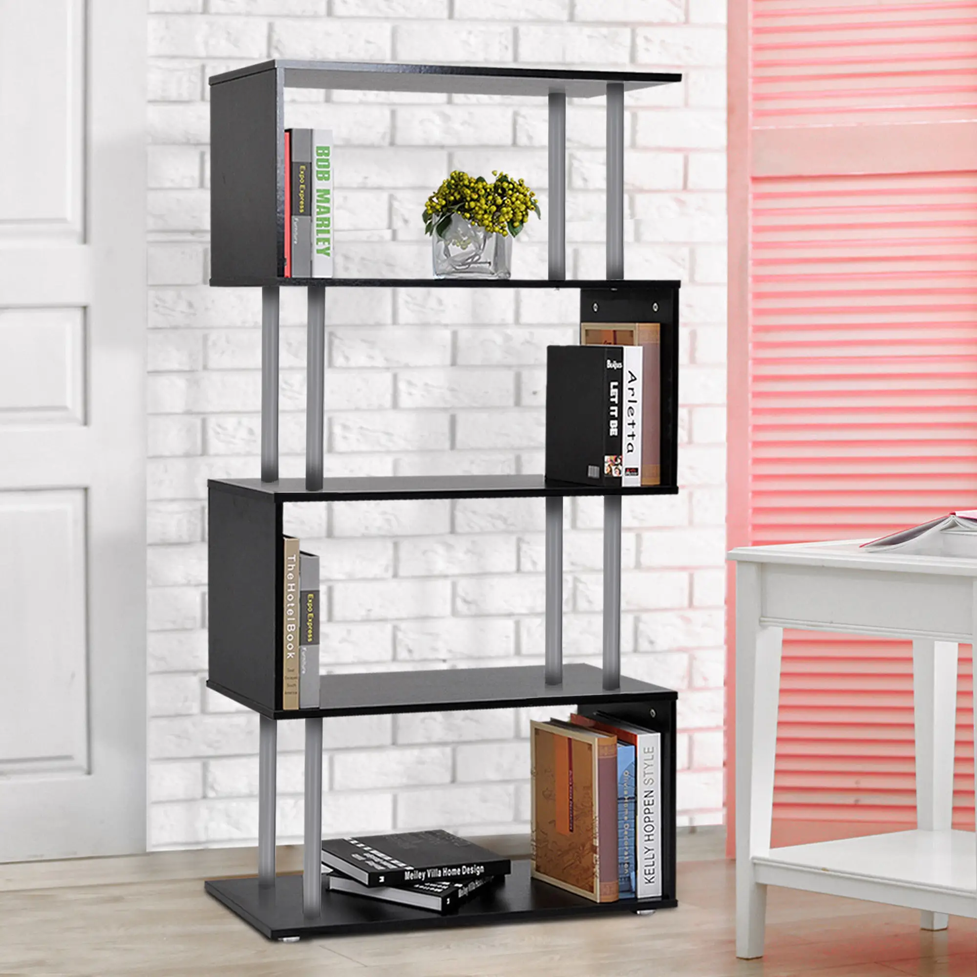 5-Tiers Geometric Wooden Bookcase S-Shaped Storage Bookshelf Display with Metal Frame