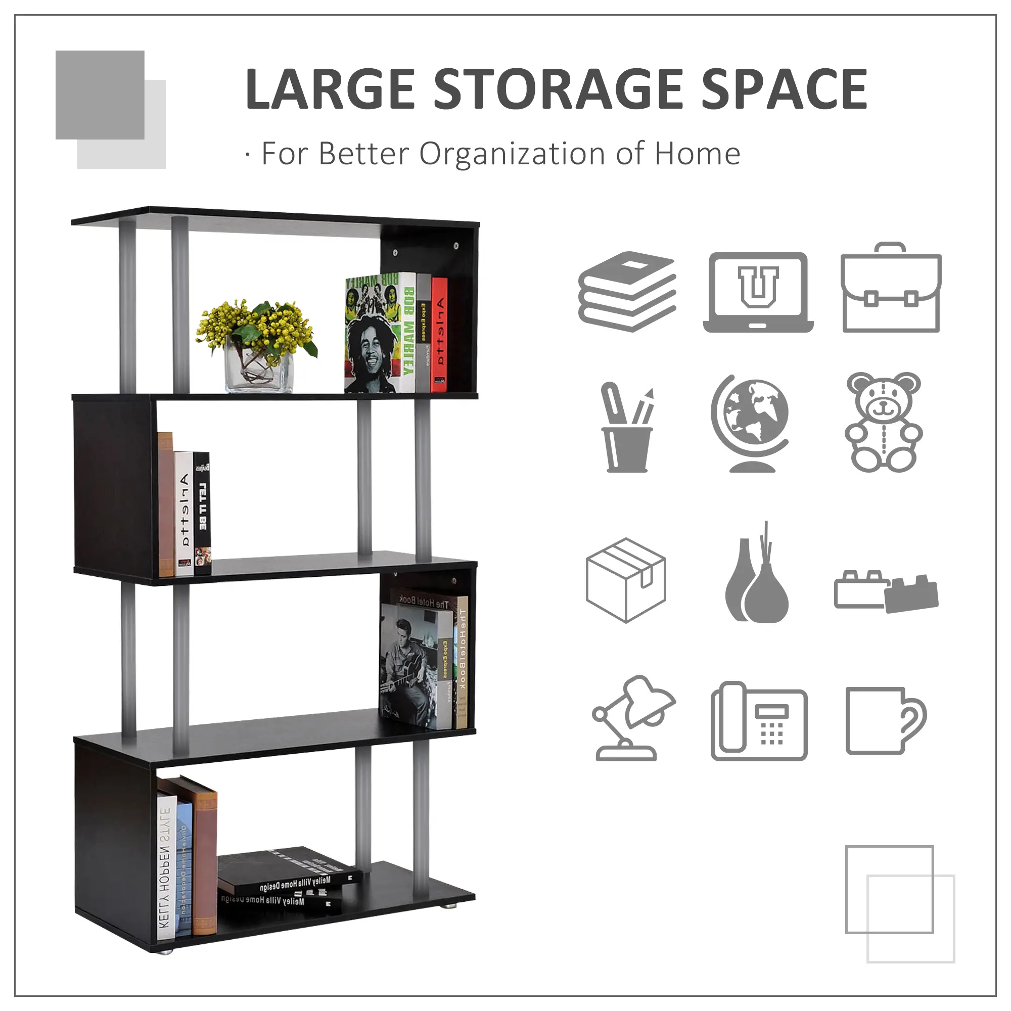 5-Tiers Geometric Wooden Bookcase S-Shaped Storage Bookshelf Display with Metal Frame