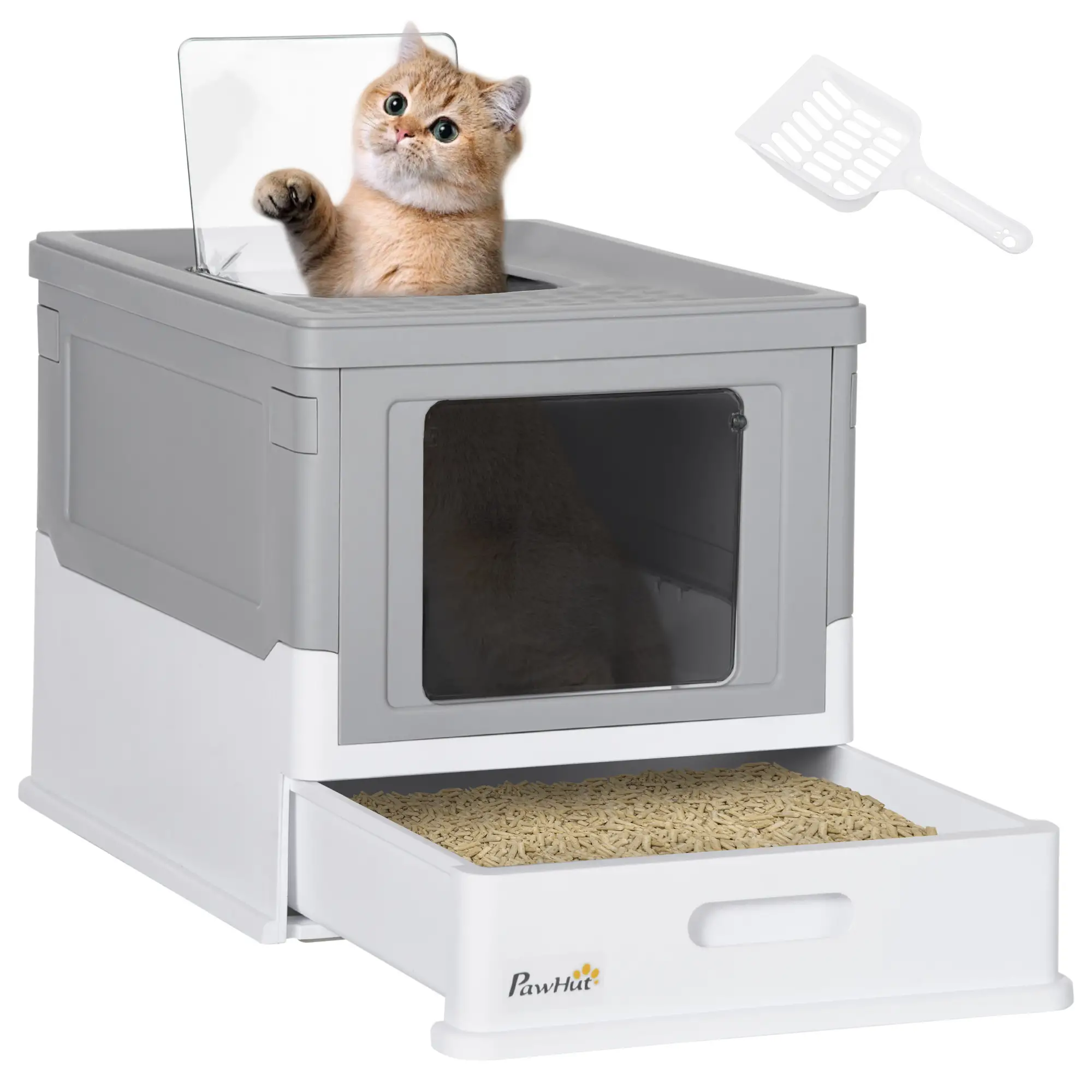 Top Entry Enclosed Kitty Litter Box with Scoop, Tray, Front Entry, Large Space, Foldable, Portable