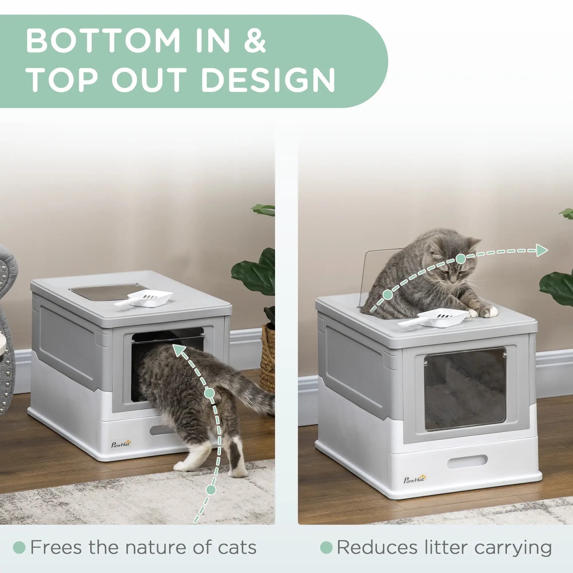 Top Entry Enclosed Kitty Litter Box with Scoop, Tray, Front Entry, Large Space, Foldable, Portable