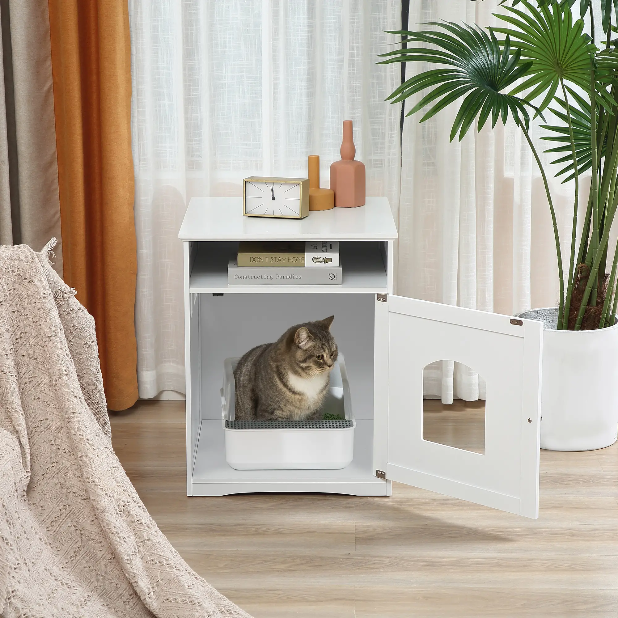 Cat Litter Box Enclosure Hidden Cabinet Cat Furniture Indoor End Table with Cat-sized Hole