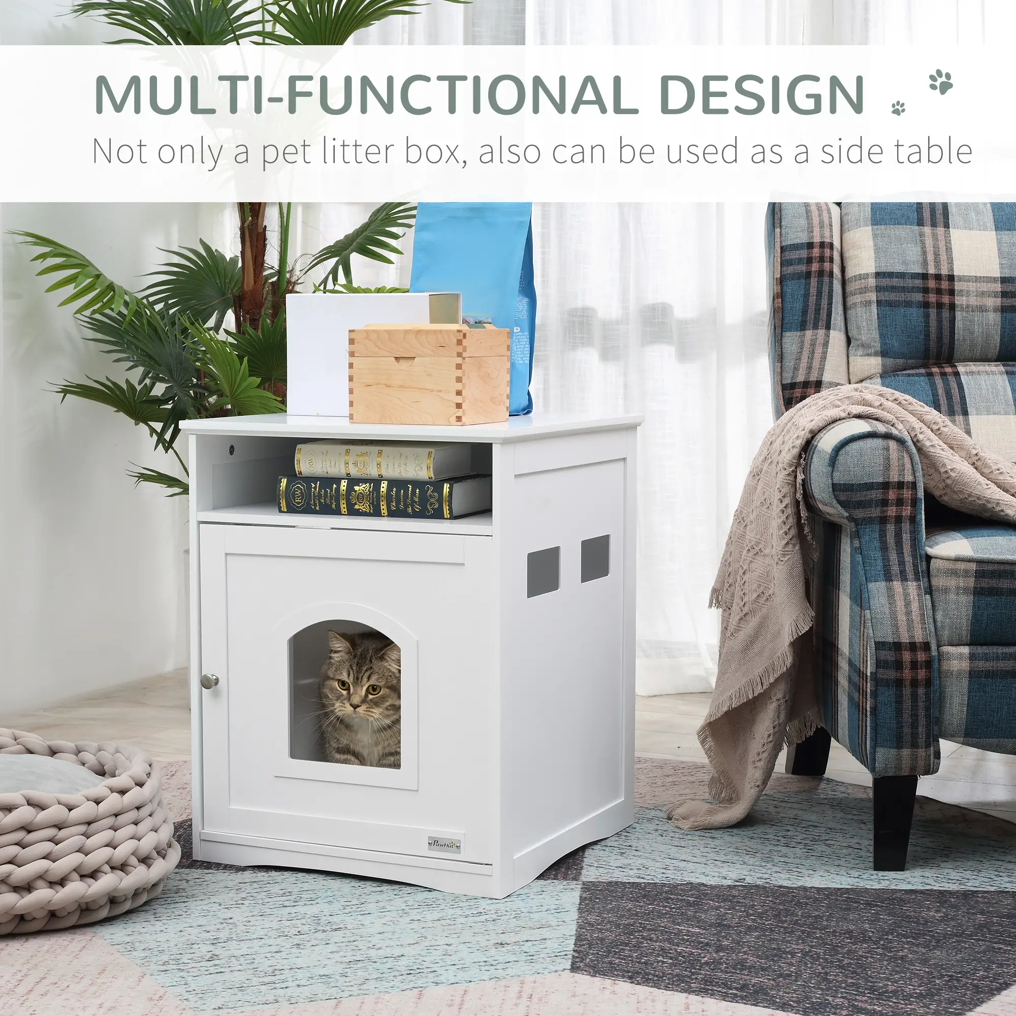 Cat Litter Box Enclosure Hidden Cabinet Cat Furniture Indoor End Table with Cat-sized Hole