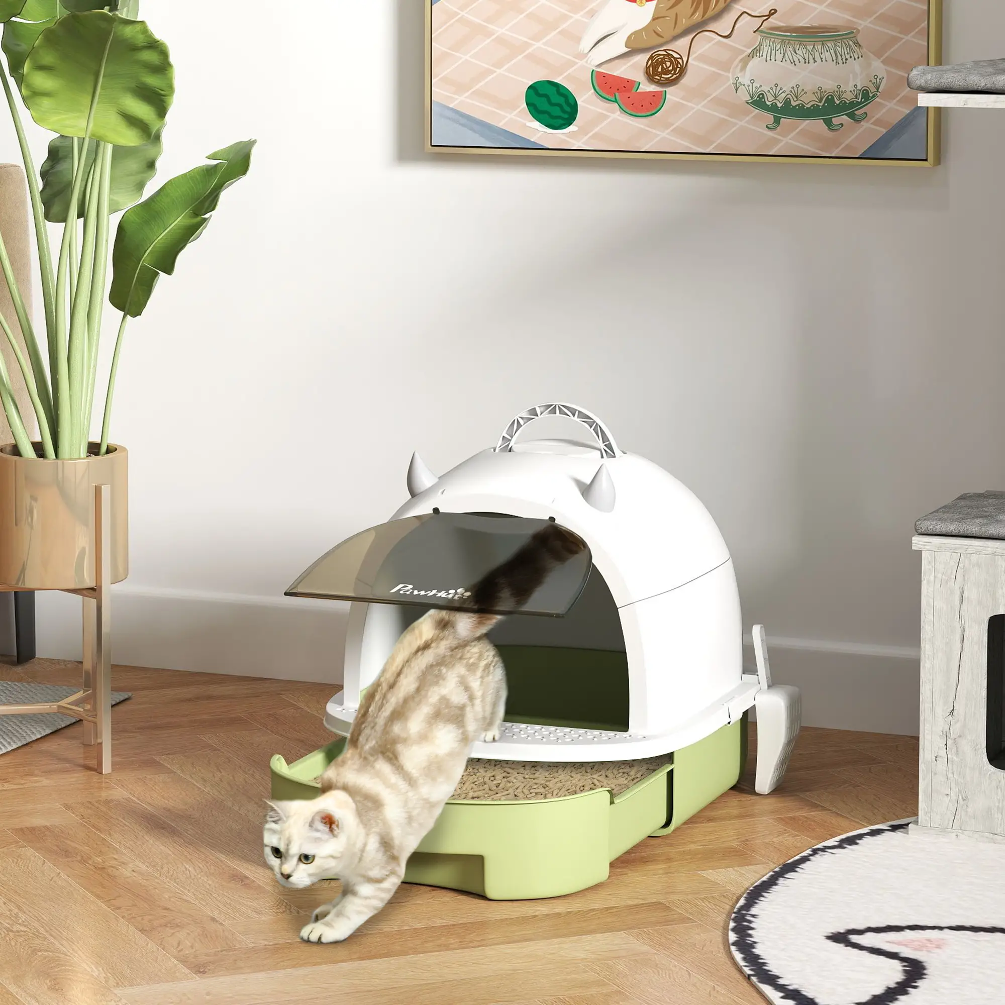 Cat Litter Box with Lid, Front Door Flap, Scoop, Handle, Easy Clean, for Small and Medium Cats