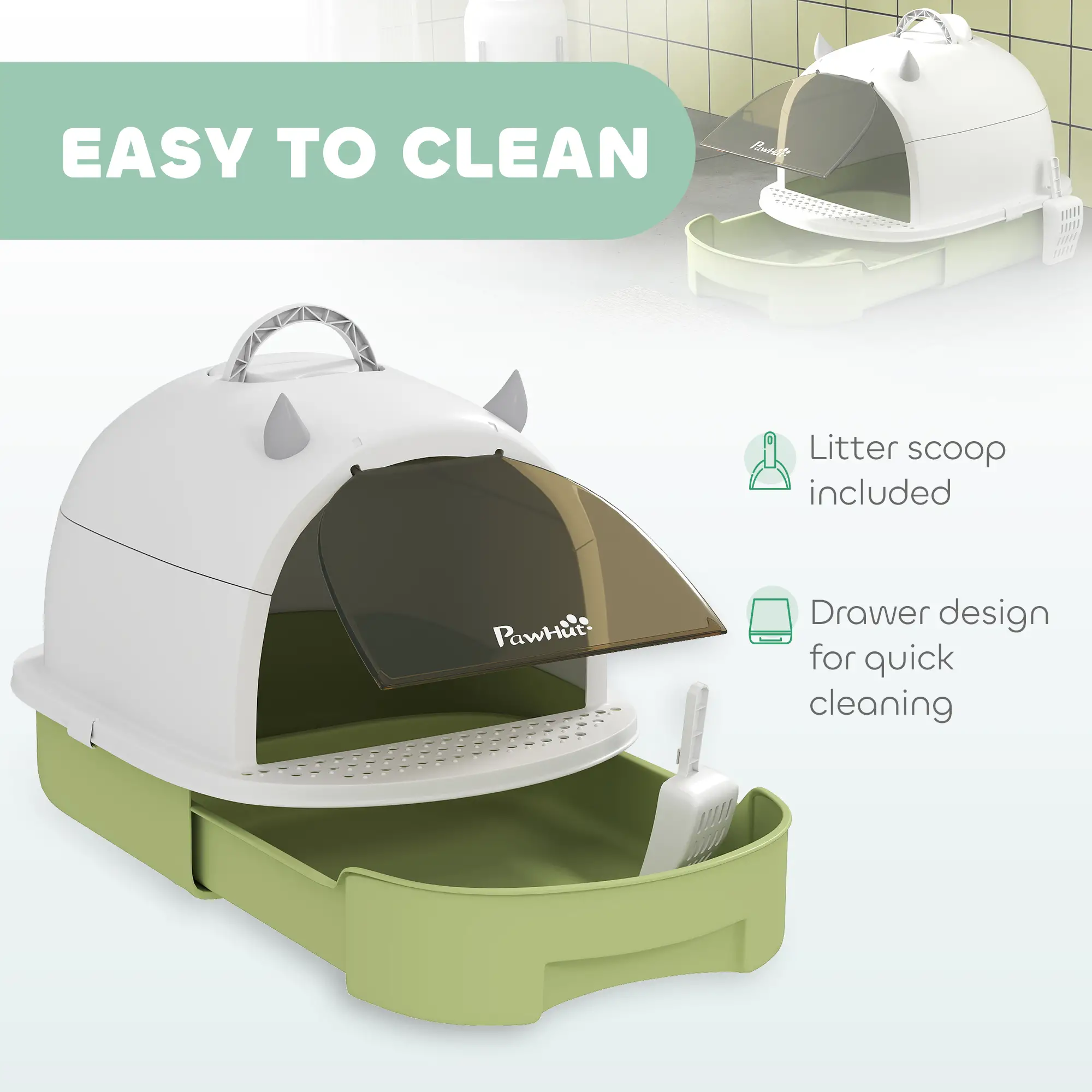Cat Litter Box with Lid, Front Door Flap, Scoop, Handle, Easy Clean, for Small and Medium Cats