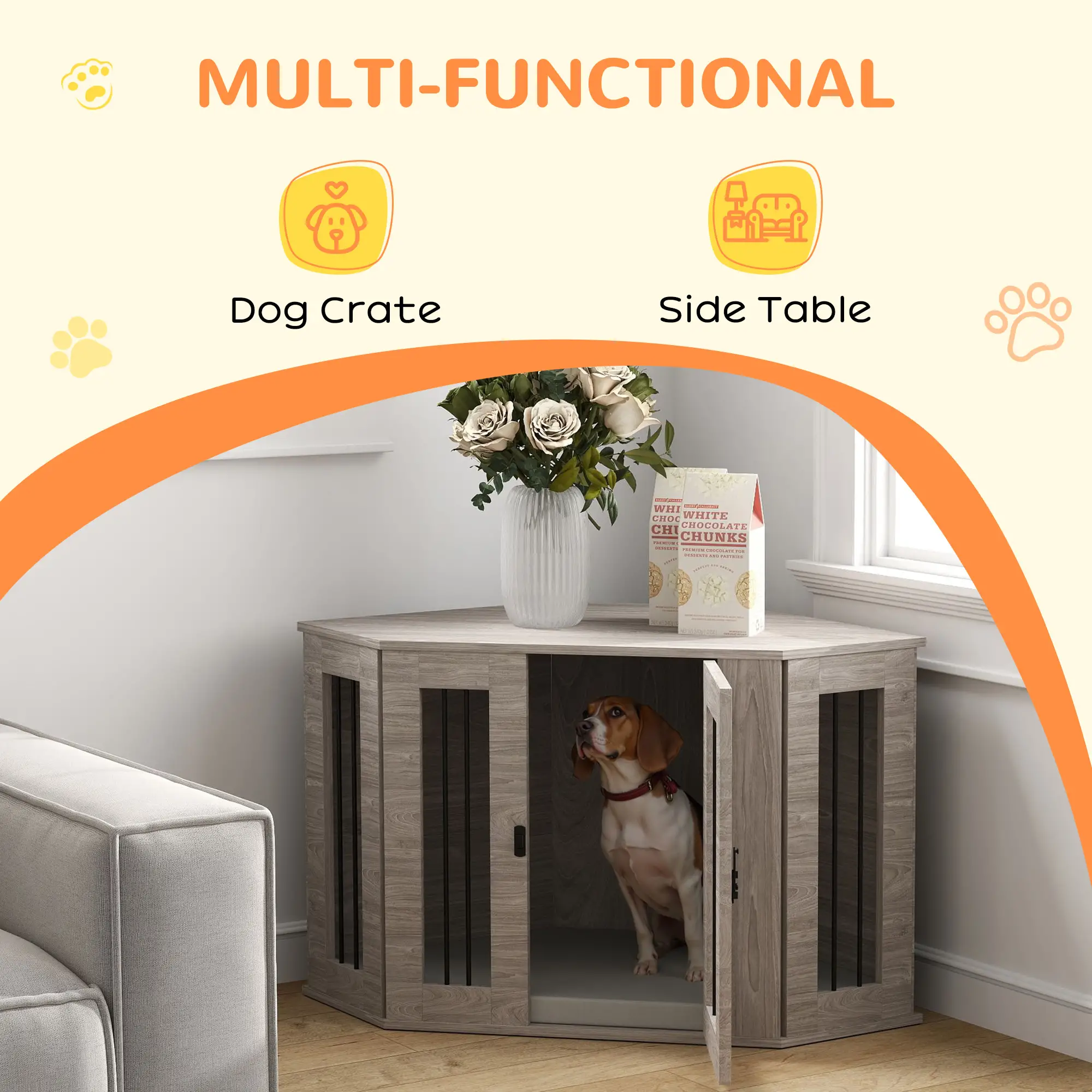 Dog Crate Furniture with Cushion, 41 Inch Corner Design Dog Crate End Table