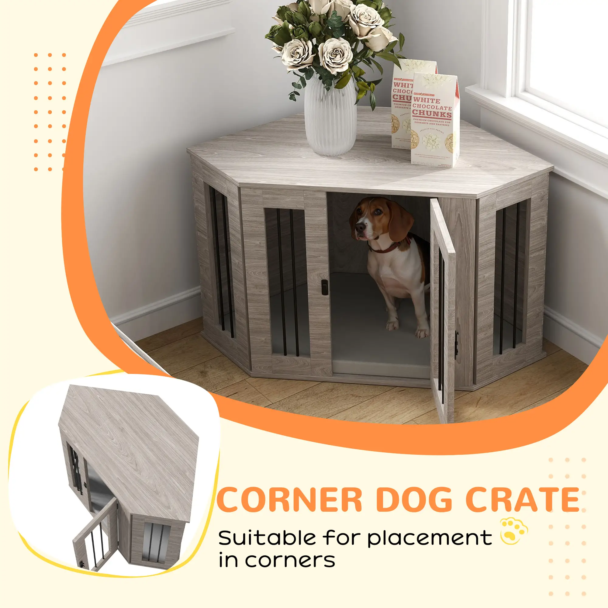 Dog Crate Furniture with Cushion, 41 Inch Corner Design Dog Crate End Table