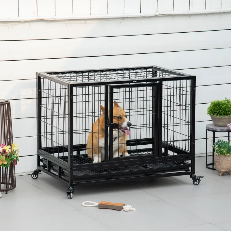 Heavy Duty Dog Crate Cage for Medium Small Dogs Cats with Two Doors, Lockable Wheels, Removable Tray, 36" x 24" x 27"