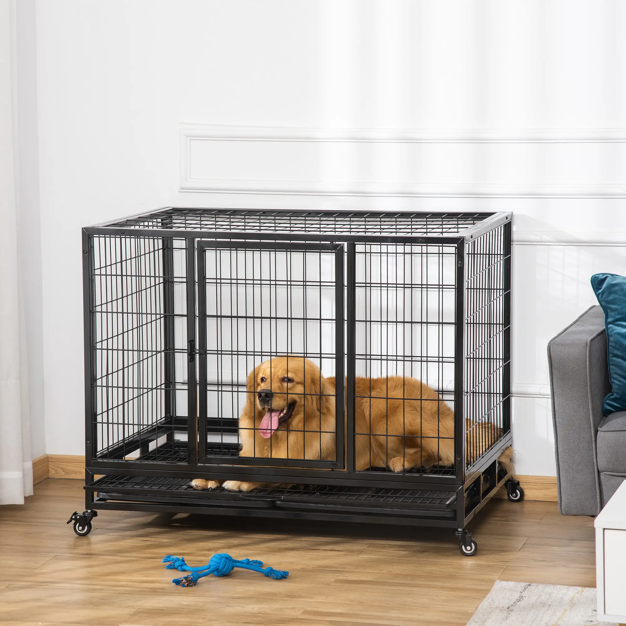 Heavy Duty Dog Crate Cage for Large Dogs Cats with Two Doors, Lockable Wheels, Removable Tray, 43" x 30" x 32''