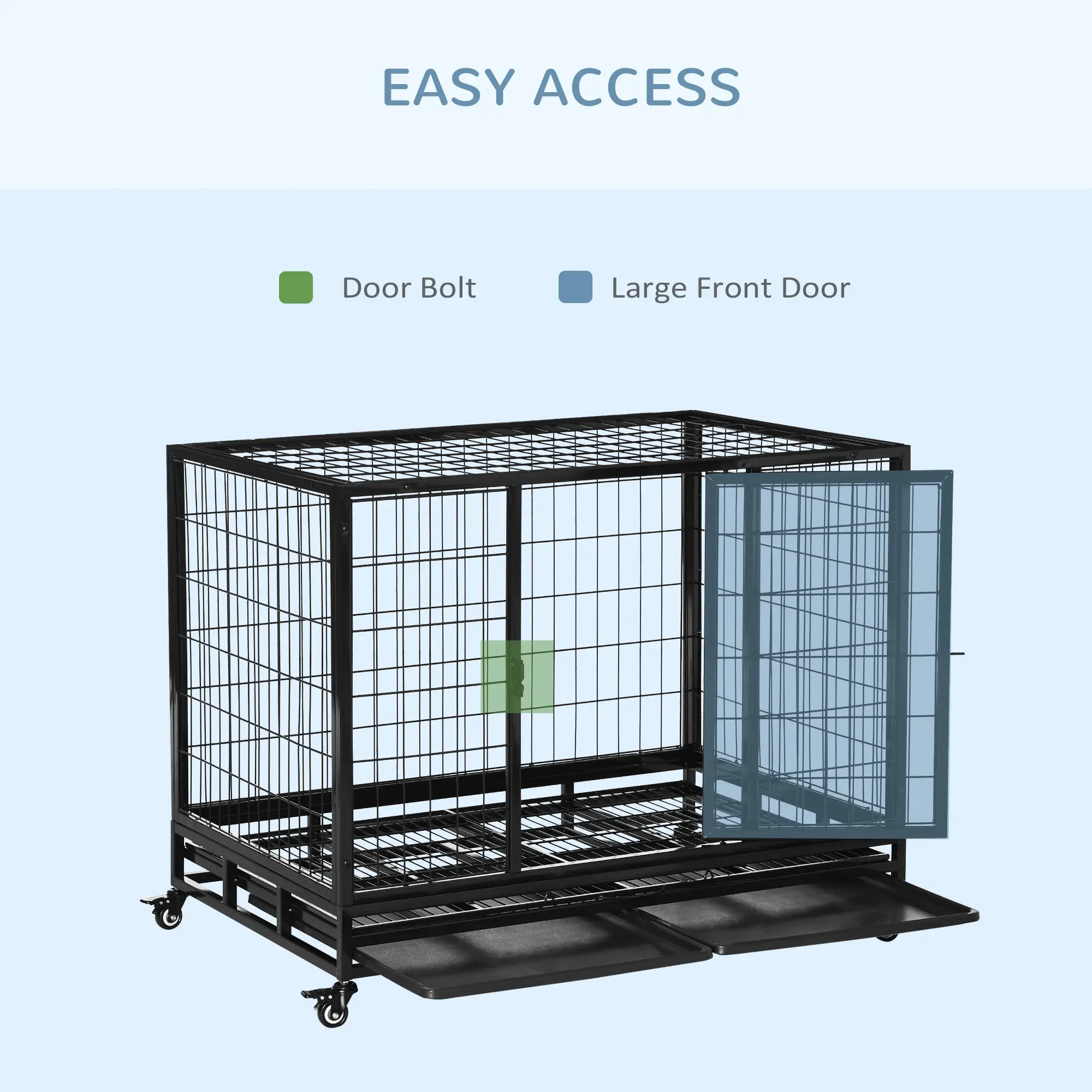 Heavy Duty Dog Crate Cage for Large Dogs Cats with Two Doors, Lockable Wheels, Removable Tray, 43" x 30" x 32''