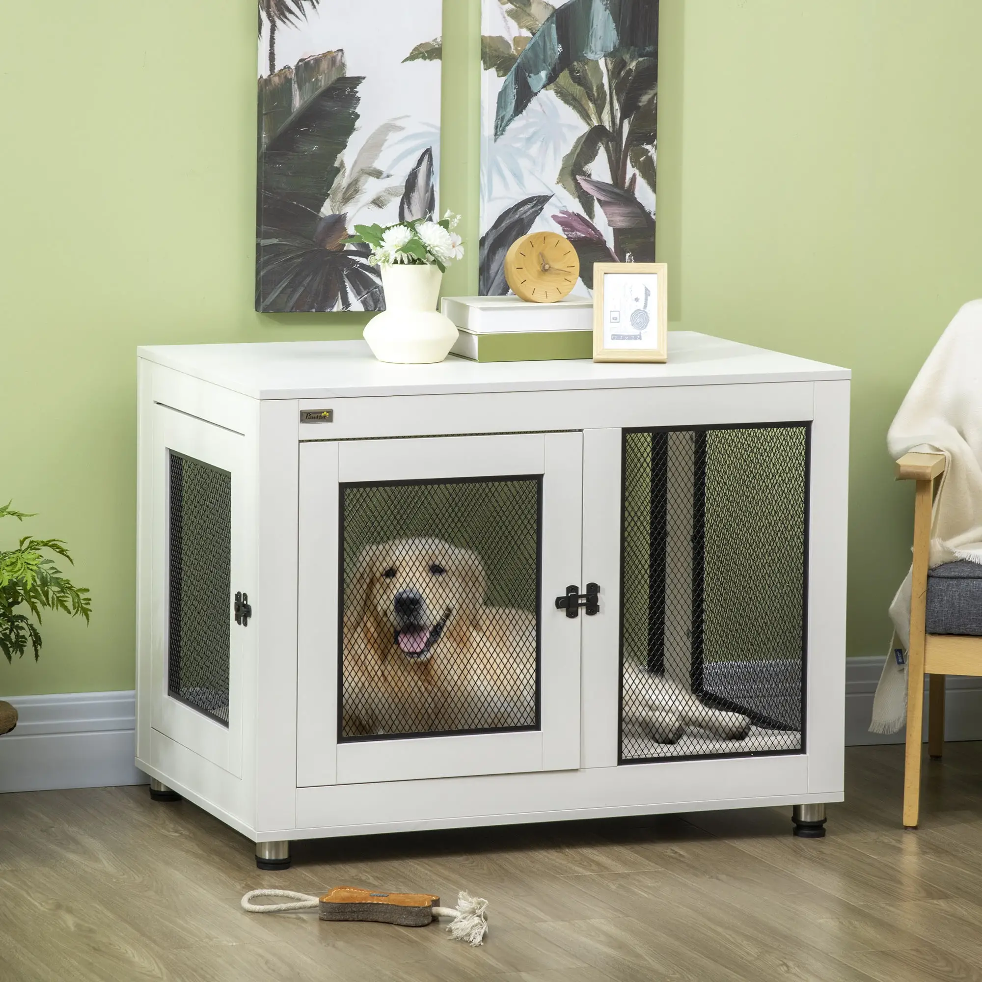 Pet Crate End Table with Water-resistant Cushion or Large Medium Dogs